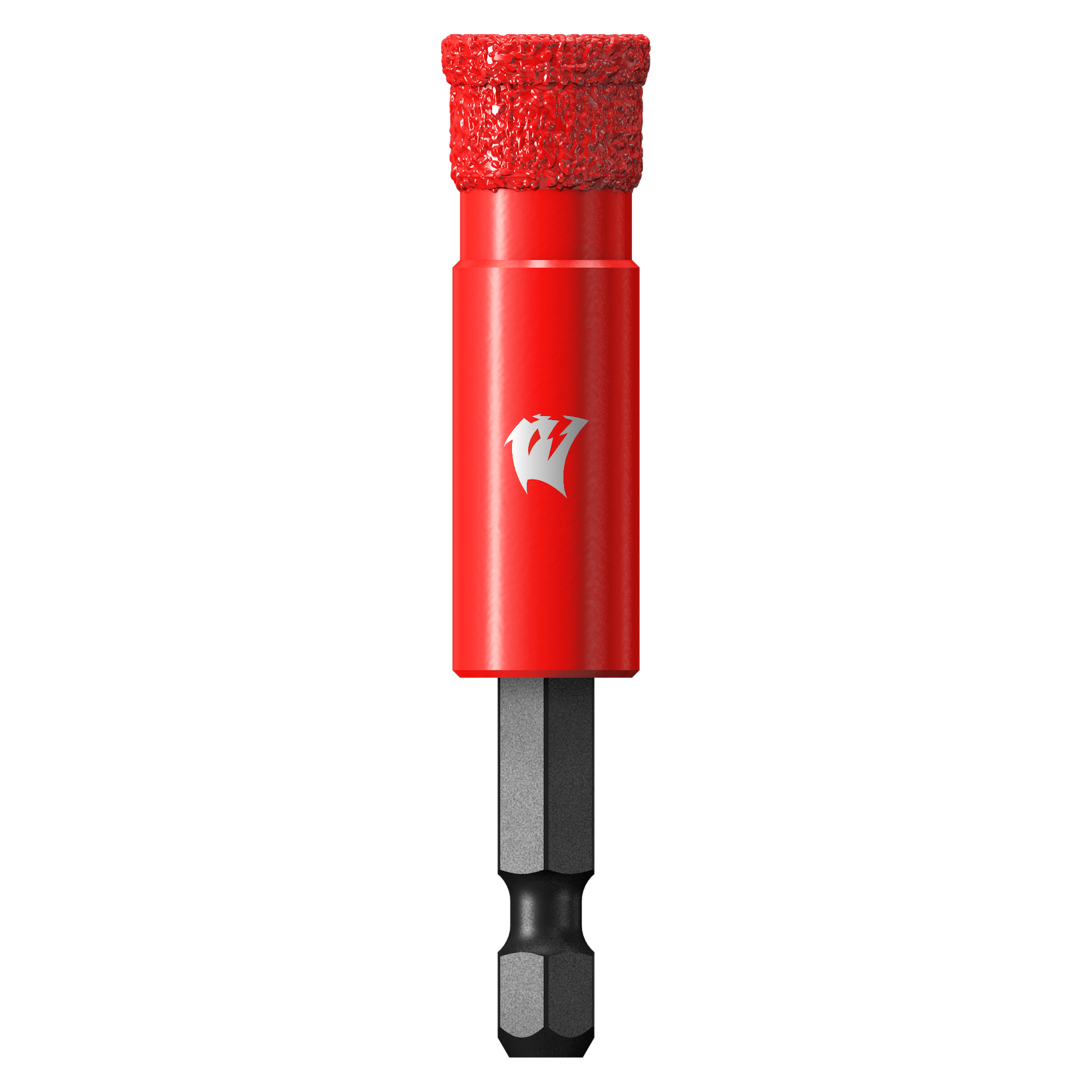 Red diamond grit hole saw with 1/2 inch diameter, textured cutting head, and black bit shaft with hex connector.