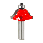 Red and steel cove and bead router bit with cylindrical shank and bearing guide.