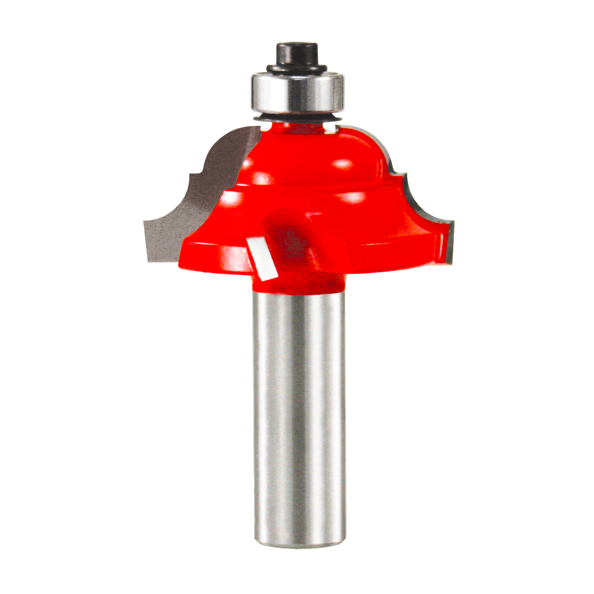 Red and steel cove and bead router bit with cylindrical shank and bearing guide.