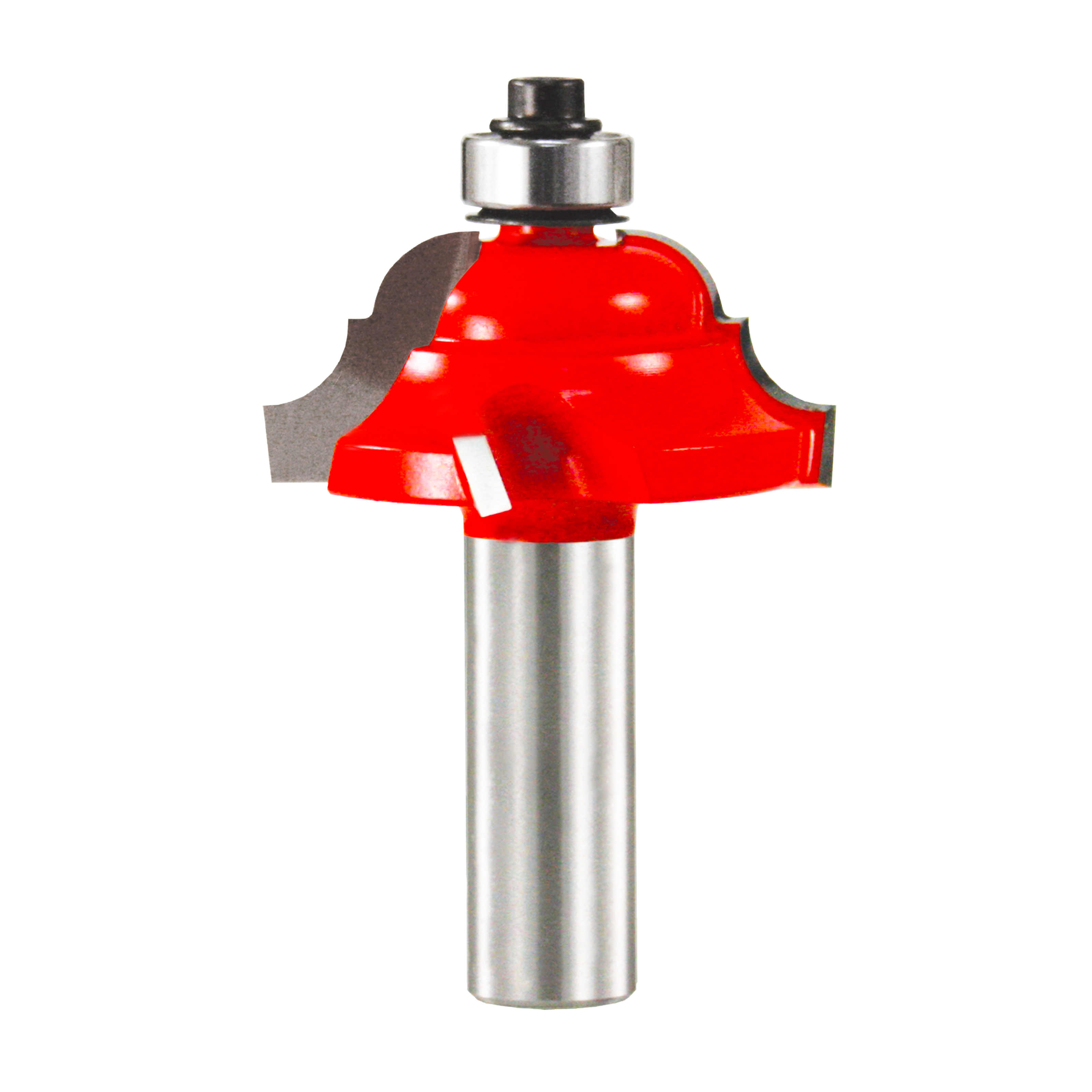 Red and steel cove and bead router bit with cylindrical shank and bearing guide.