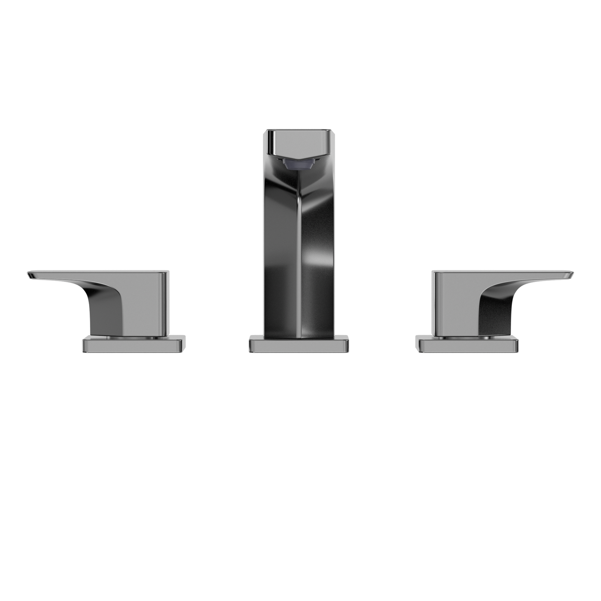 Polished chrome two-handle widespread bathroom sink faucet with tall center spout and curved side handles.