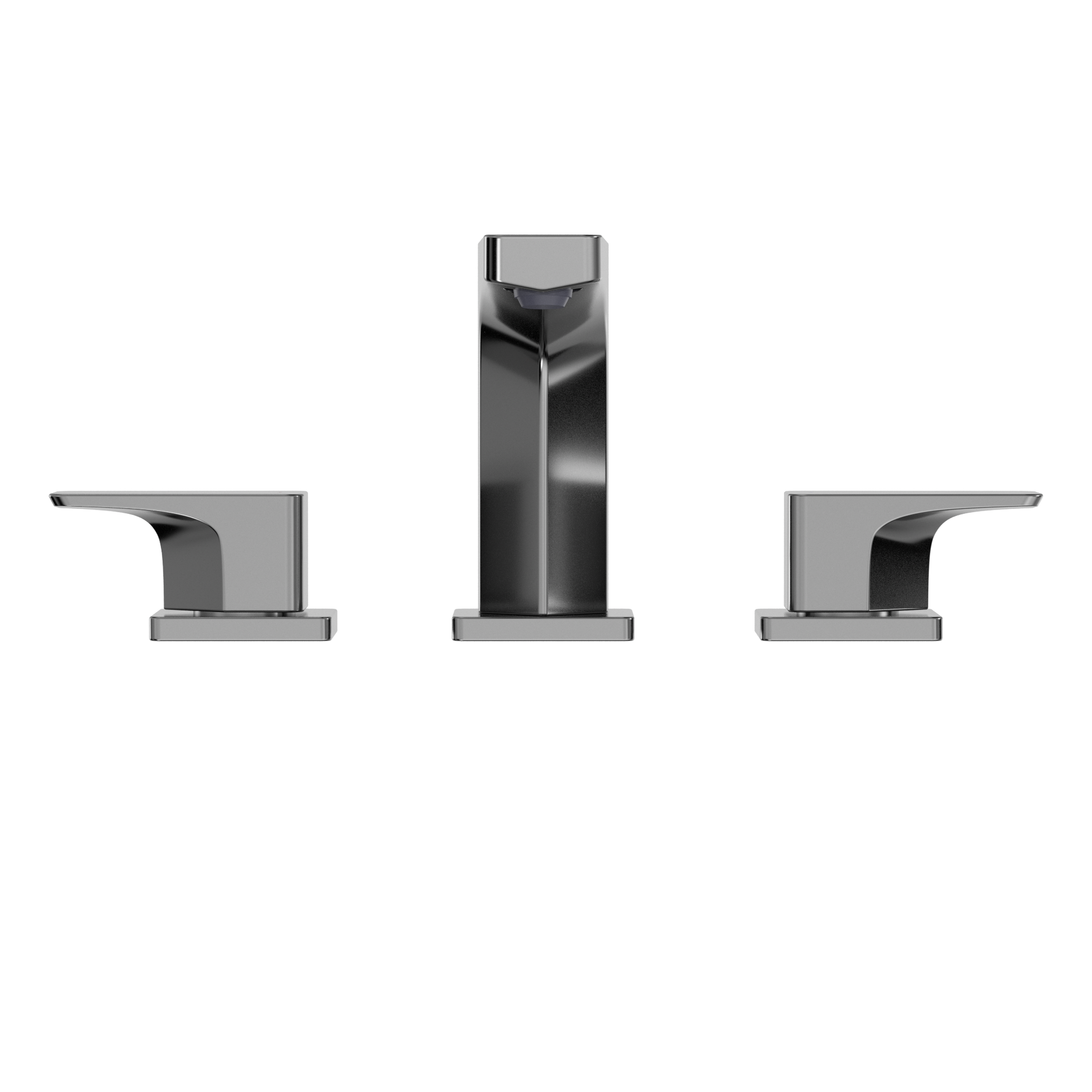Polished chrome two-handle widespread bathroom sink faucet with tall center spout and curved side handles.