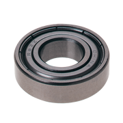 Steel ball bearing with grooved race and center bore, viewed from above at an angle.