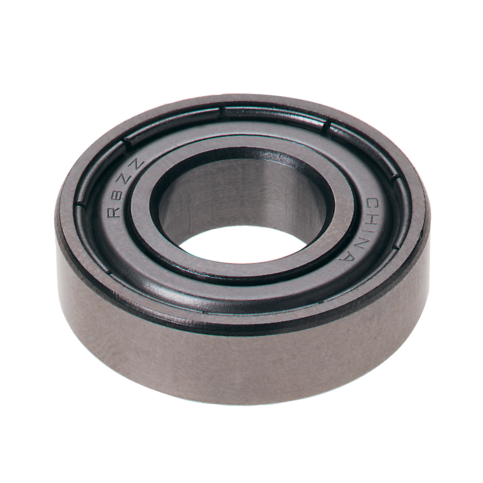 Steel ball bearing with grooved race and center bore, viewed from above at an angle.