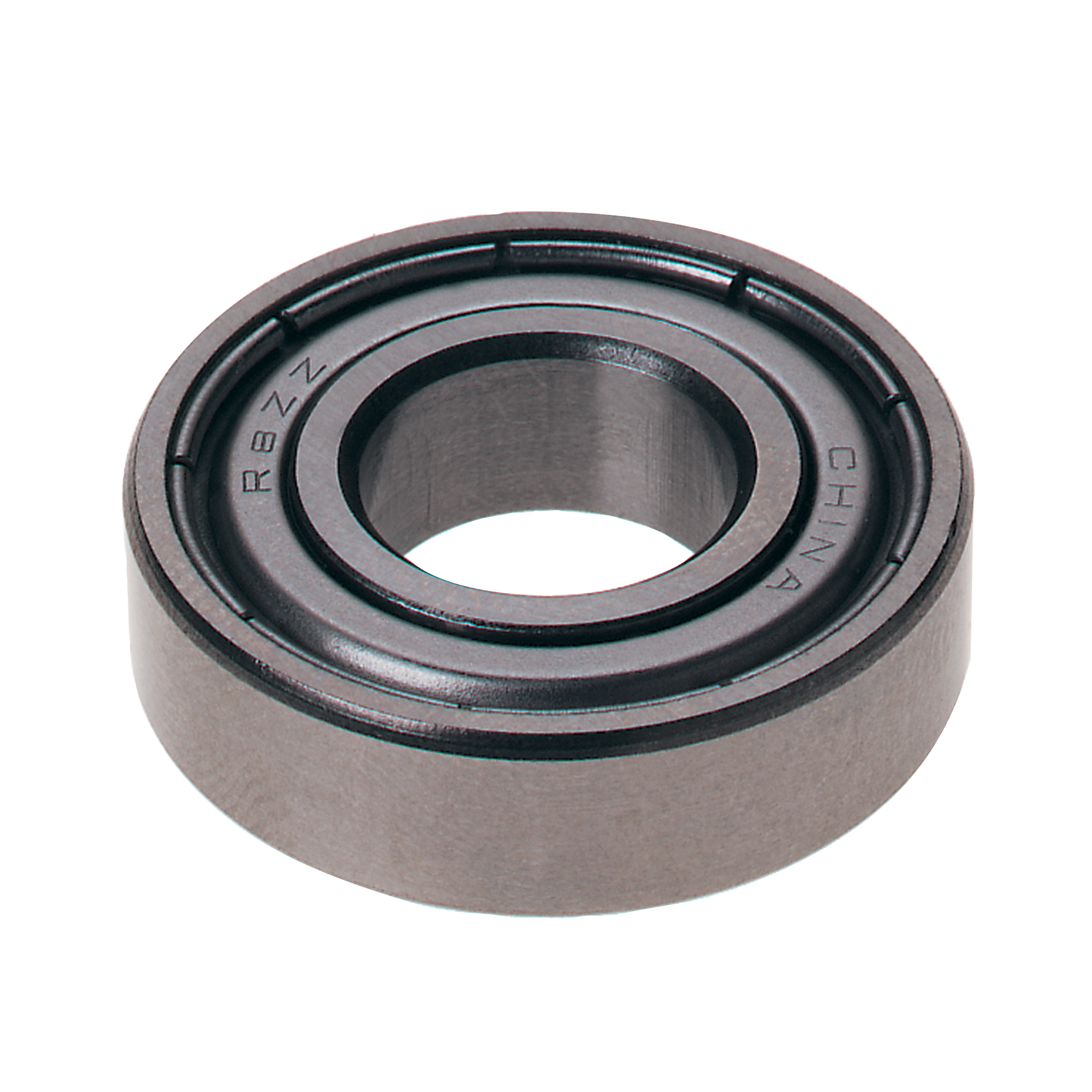 Steel ball bearing with grooved race and center bore, viewed from above at an angle.