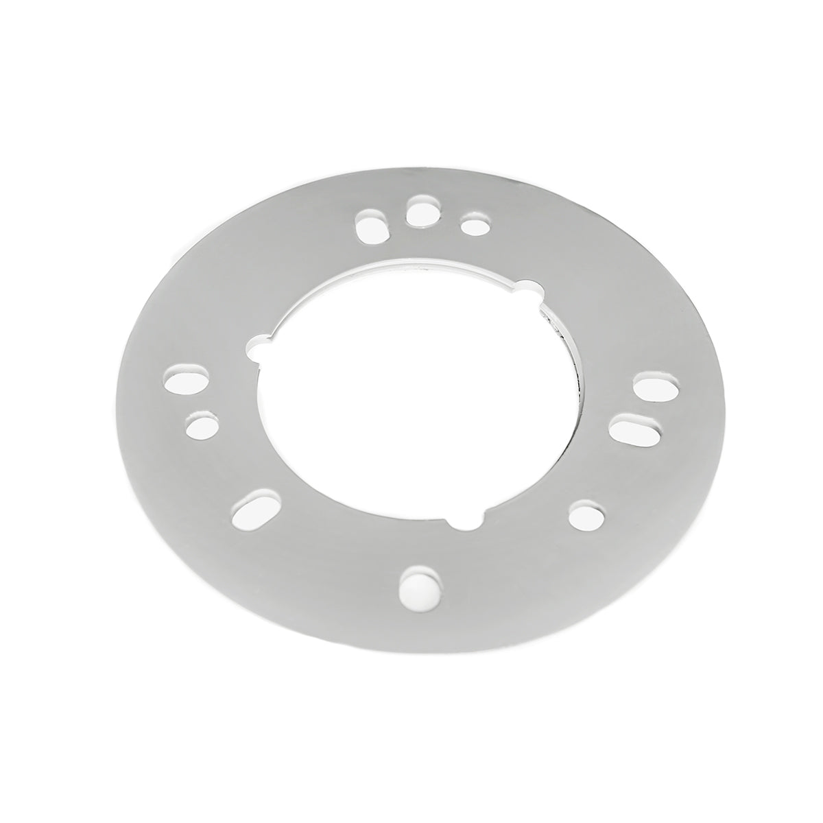 Gray circular drain component with central opening and multiple mounting holes around the perimeter.