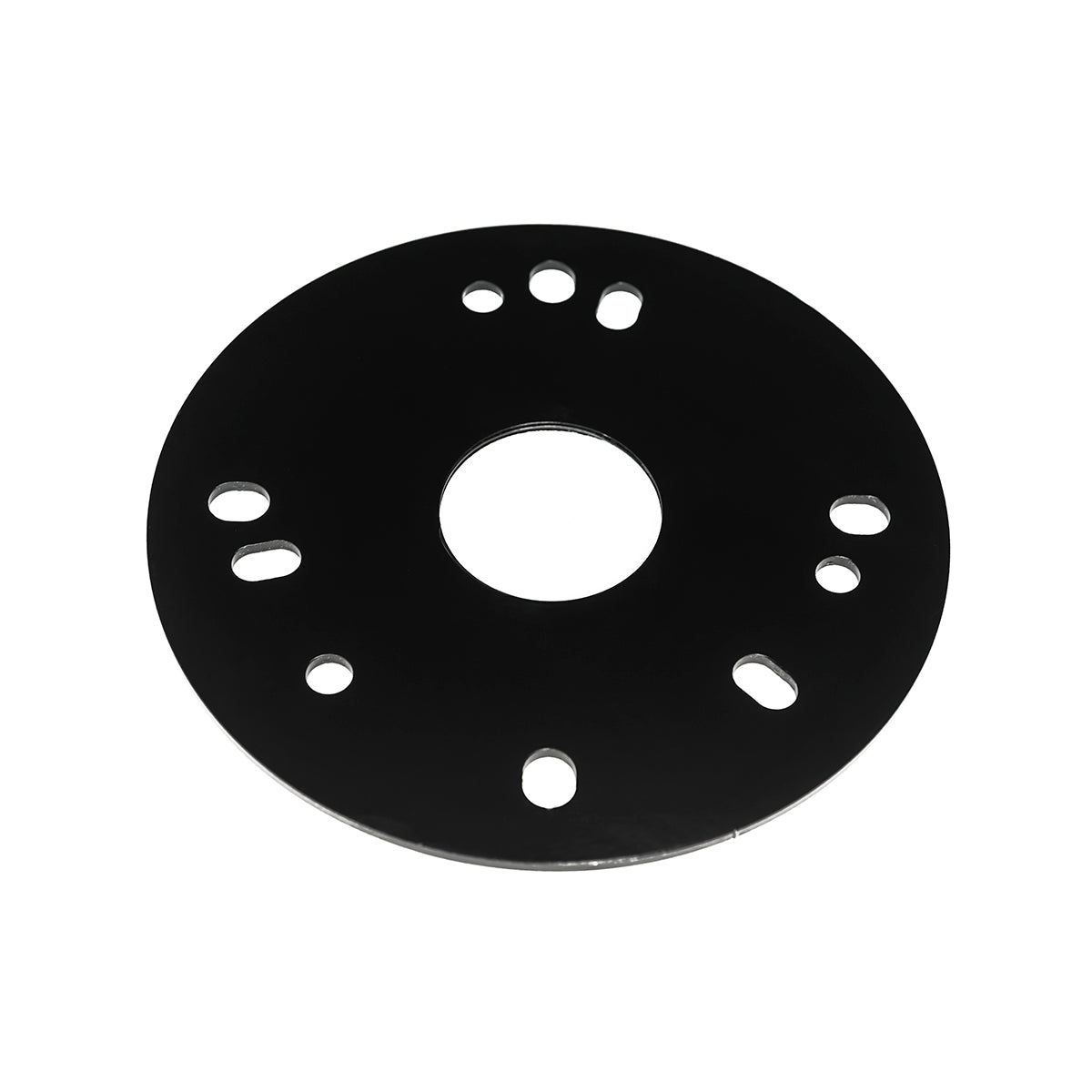 Black circular drain component with central opening and multiple mounting holes arranged around the perimeter.