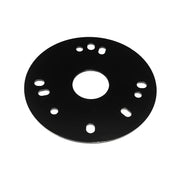 Black circular drain component with central opening and multiple mounting holes arranged around the perimeter.