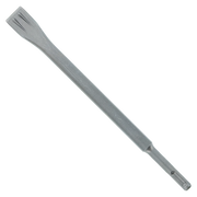 Gray steel flat chisel with dual-tooth cutting edge and SDS-Plus shank for rotary hammer use.