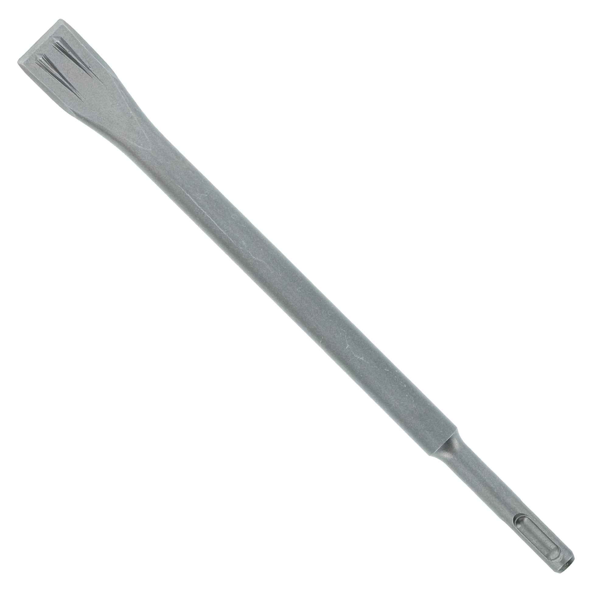Gray steel flat chisel with dual-tooth cutting edge and SDS-Plus shank for rotary hammer use.