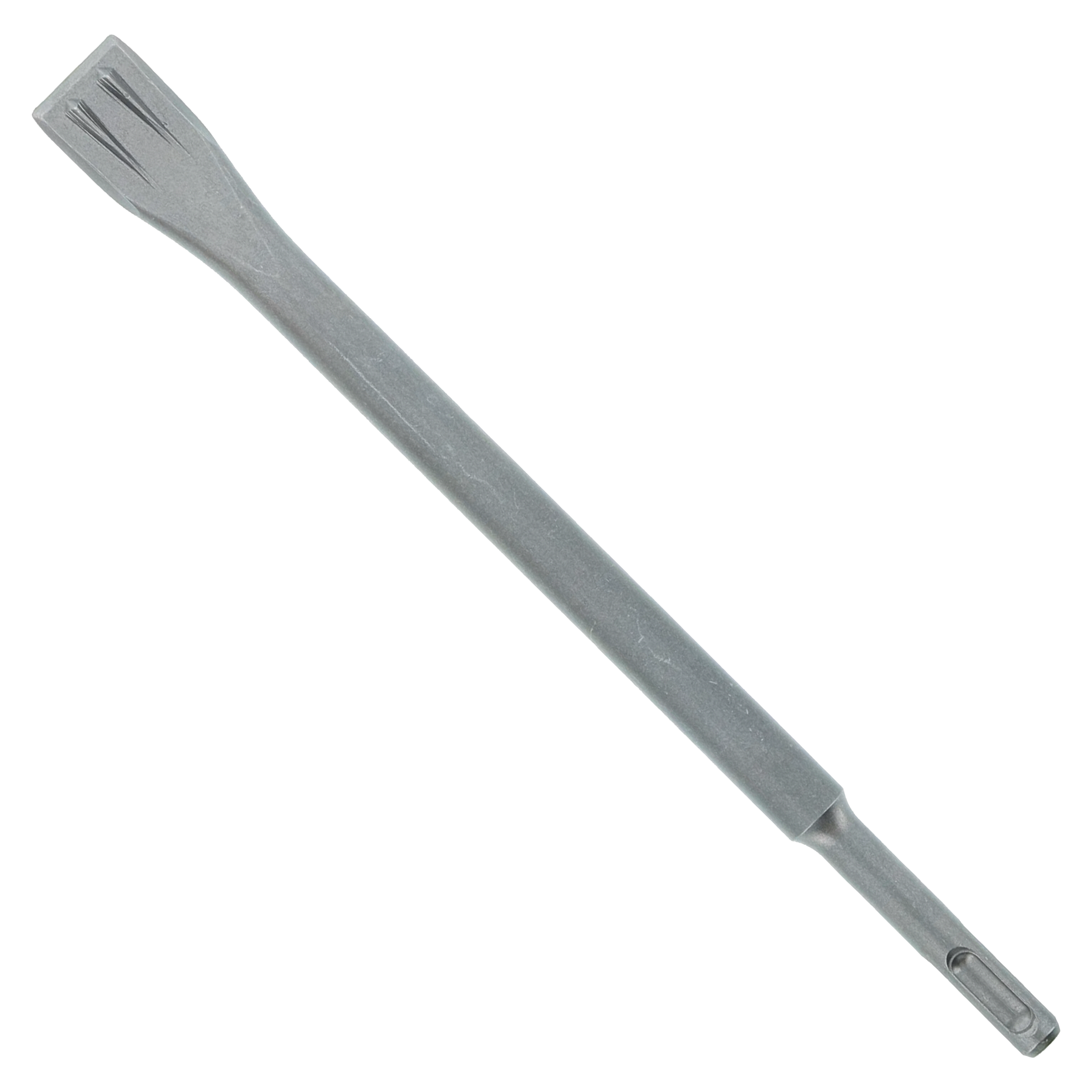 Gray steel flat chisel with dual-tooth cutting edge and SDS-Plus shank for rotary hammer use.