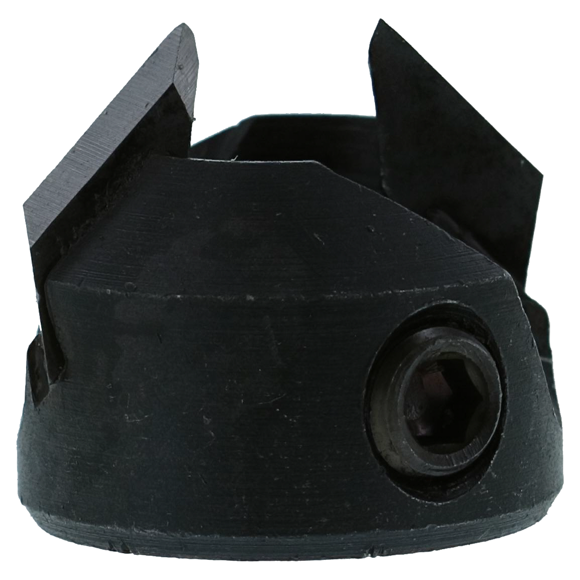 Black carbide tipped boring bit with conical shape and cutting flutes on top surface.
