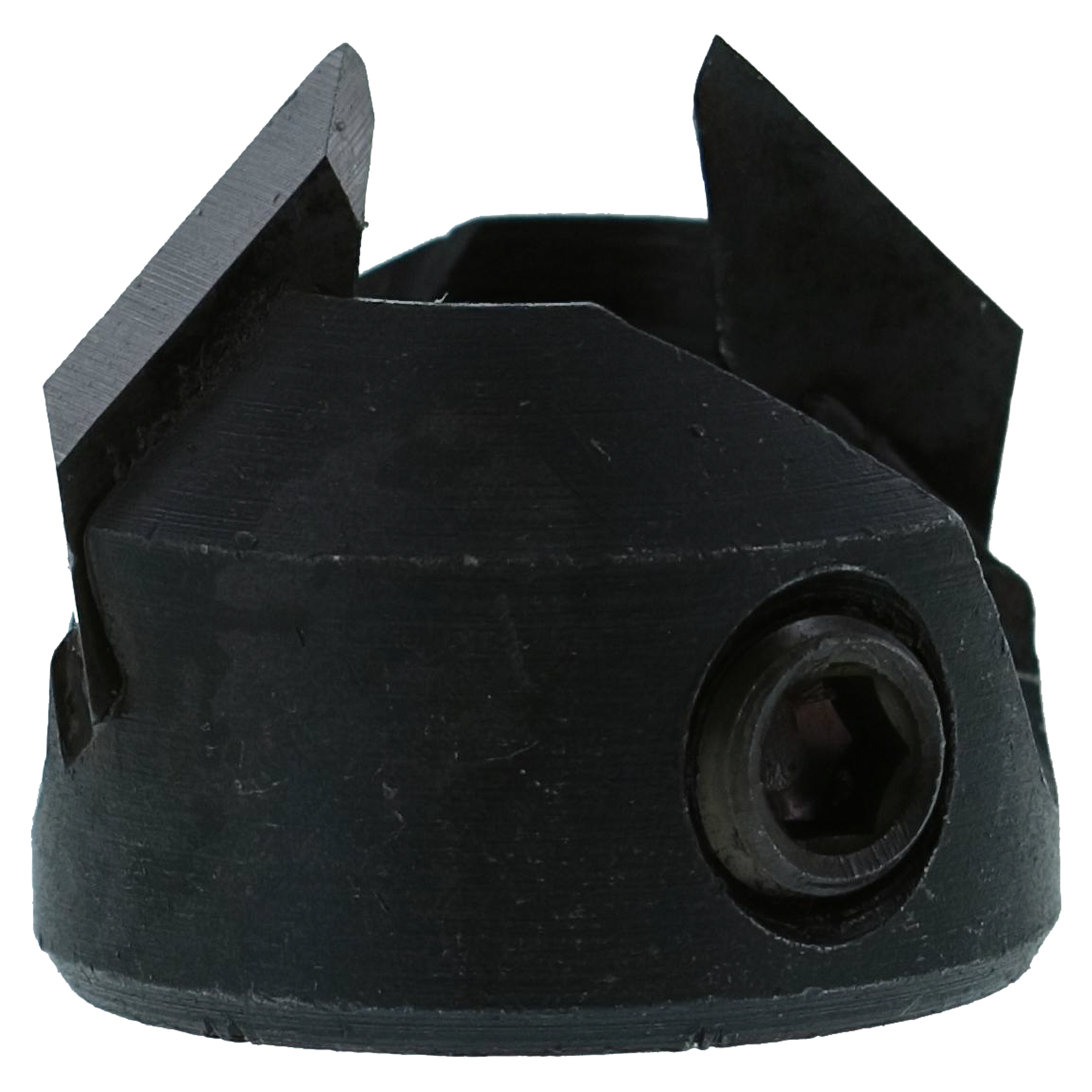 Black carbide tipped boring bit with conical shape and cutting flutes on top surface.