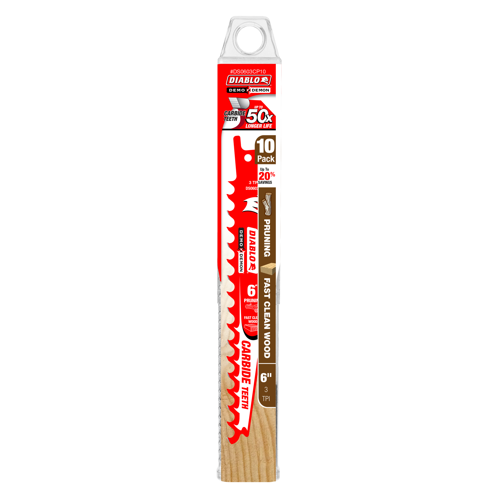 Ten 6-inch carbide-tipped pruning saw blades with red packaging and wooden handles visible.