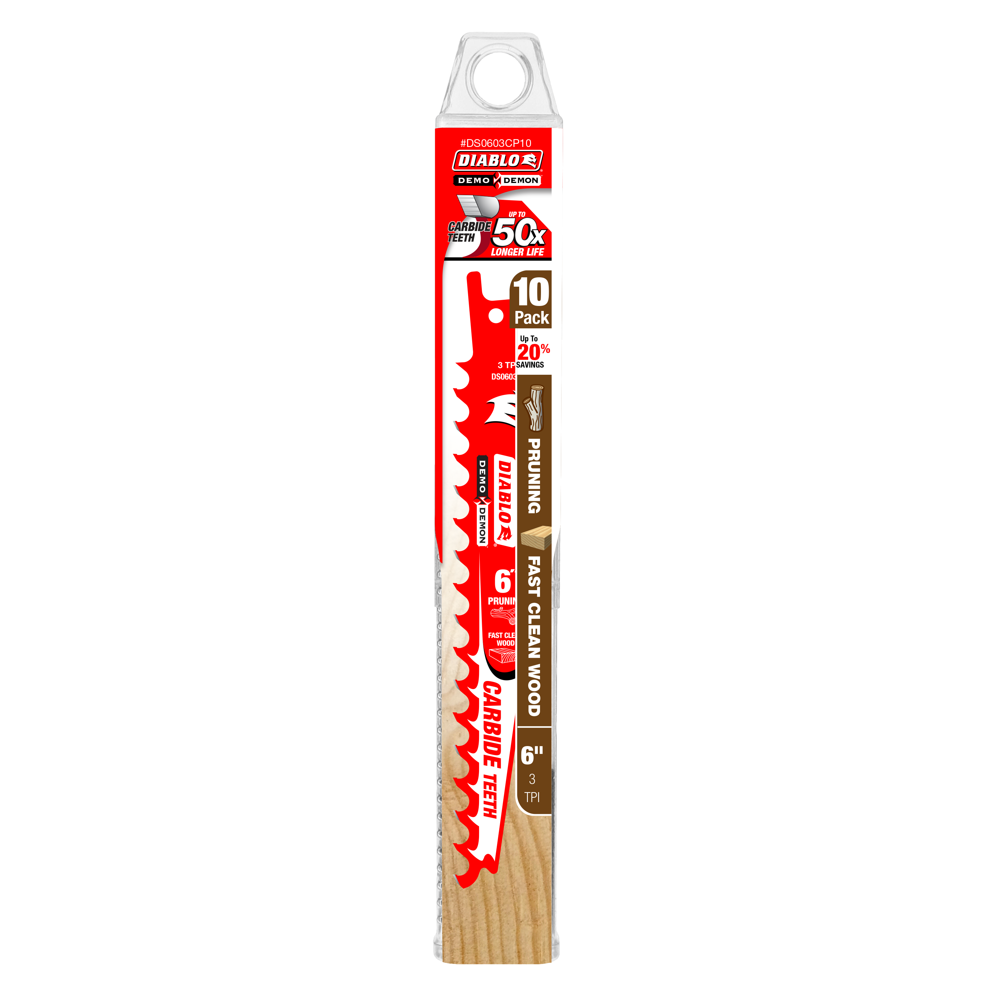 Ten 6-inch carbide-tipped pruning saw blades with red packaging and wooden handles visible.