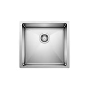 Stainless steel single bowl undermount sink with drain strainer, viewed from above.