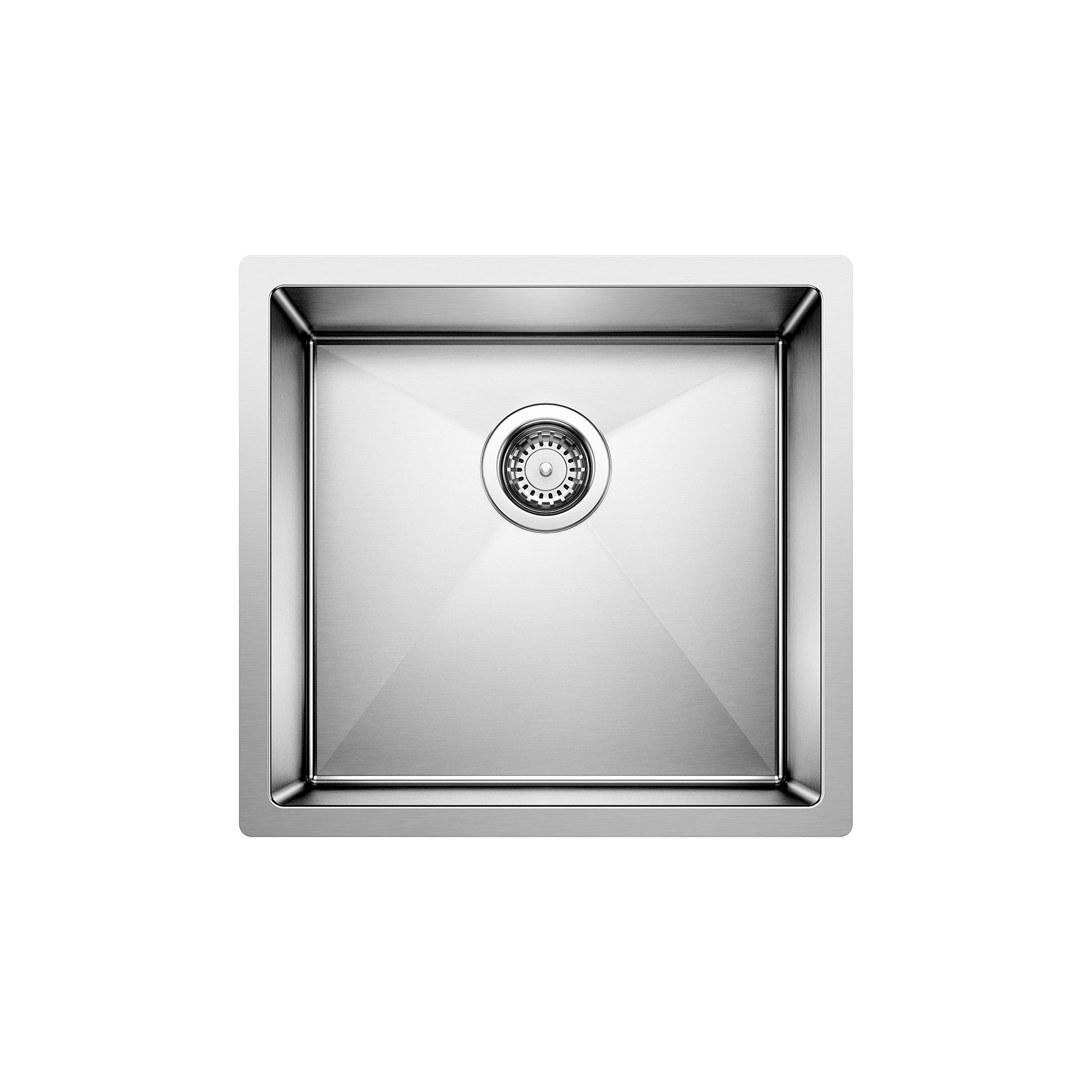 Stainless steel single bowl undermount sink with drain strainer, viewed from above.