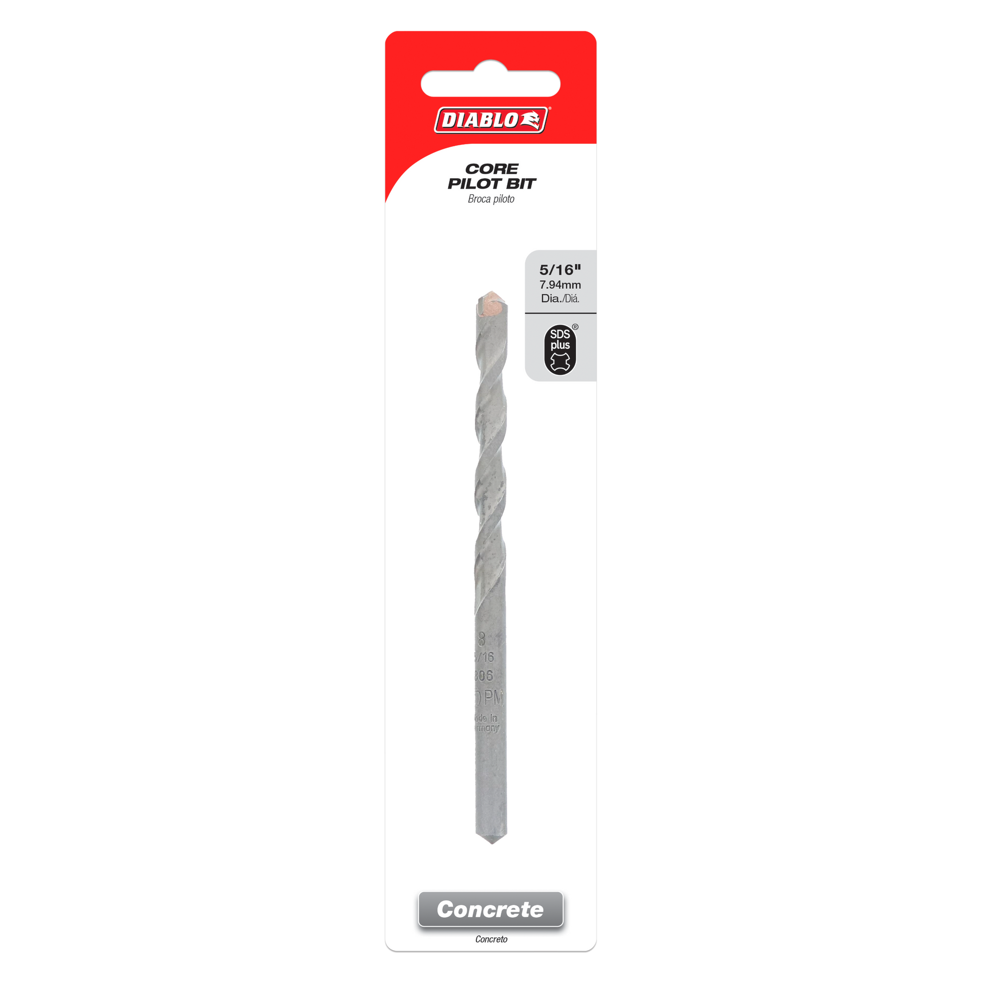 Diablo 5/16 inch SDS-Plus core pilot bit with twisted flute design on red and white packaging.