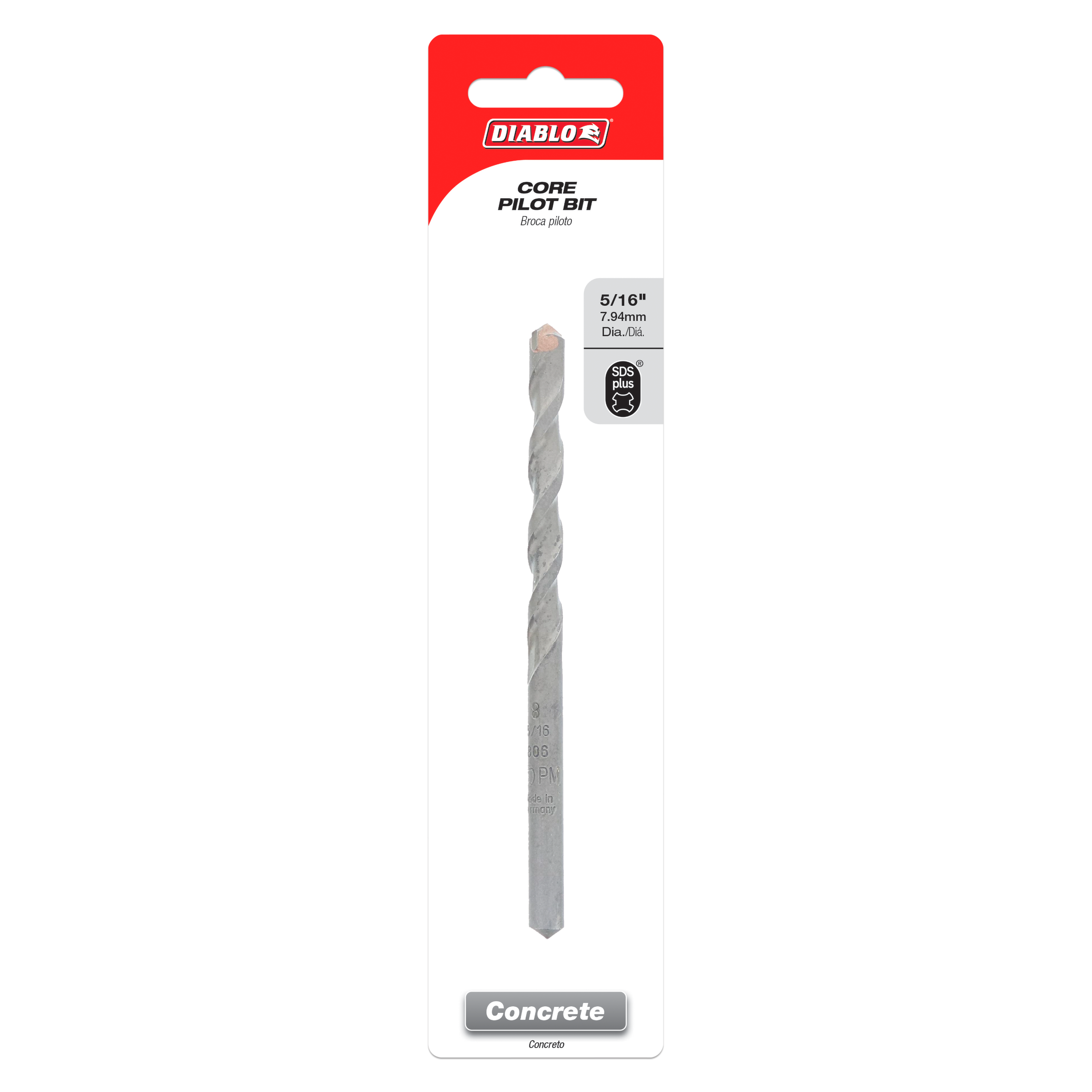 Diablo 5/16 inch SDS-Plus core pilot bit with twisted flute design on red and white packaging.