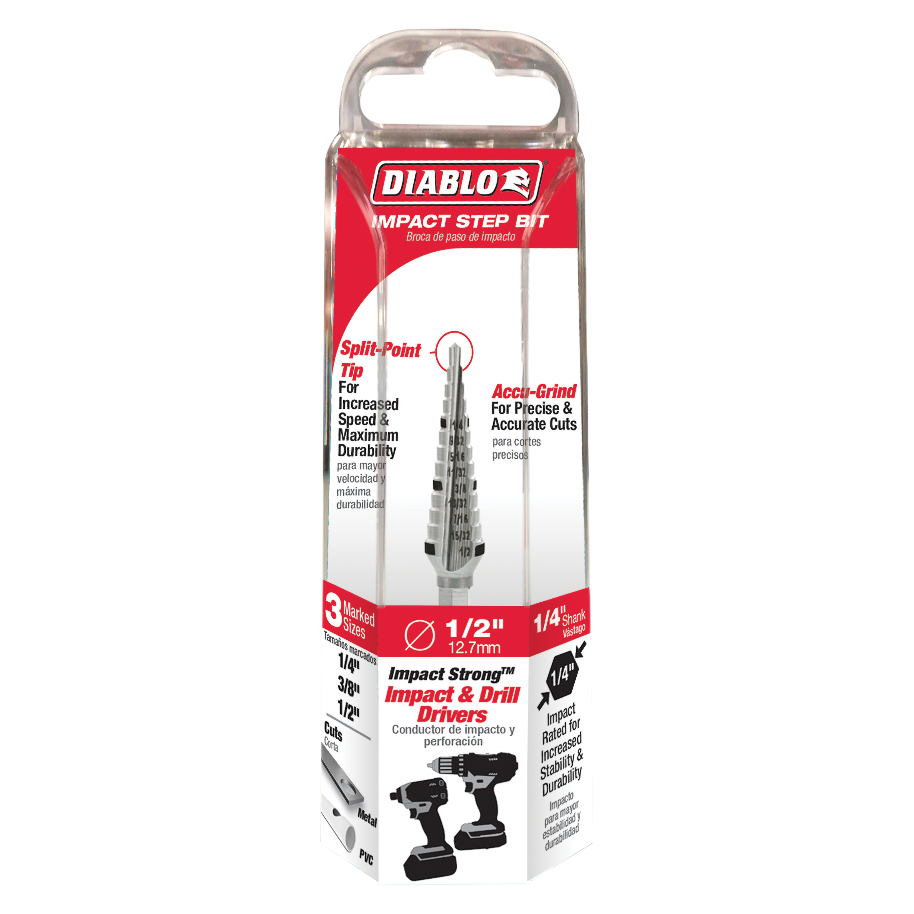 Diablo impact step drill bit with split-point tip in clear plastic packaging, showing 13 stepped cutting surfaces from 1/4 to