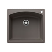 Volcano gray single bowl sink with rounded corners, drain, and faucet hole in upper right corner, viewed from above.
