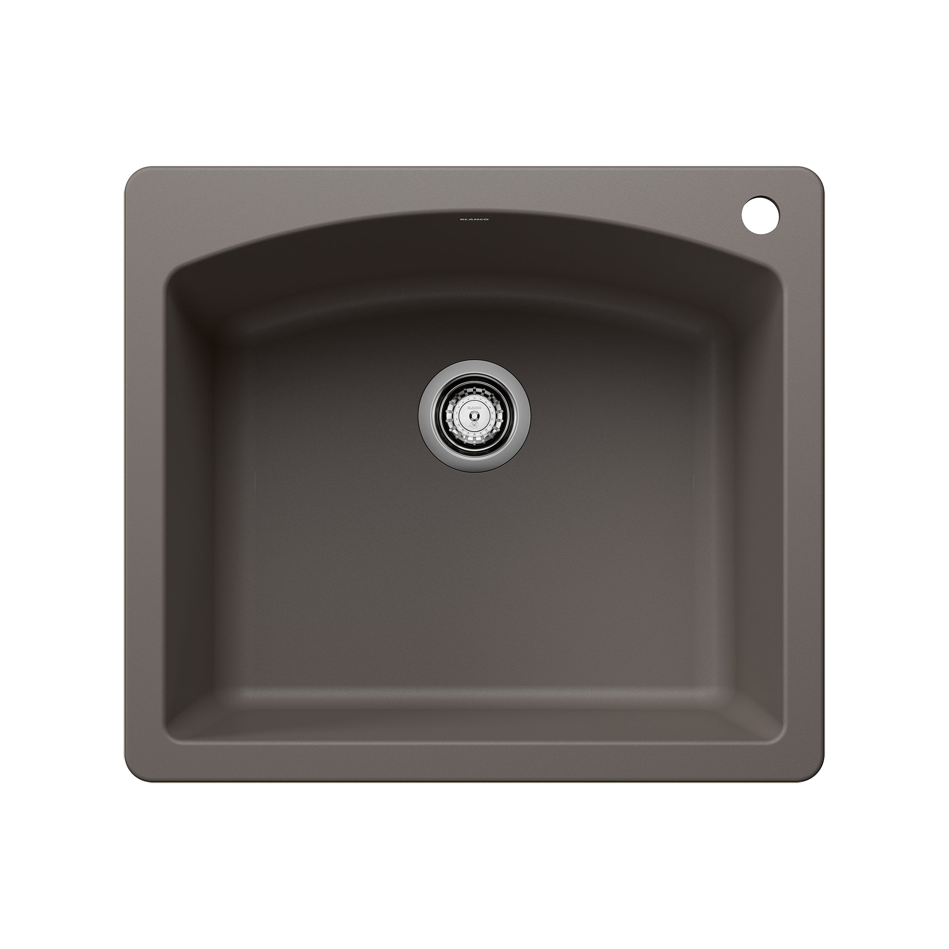 Volcano gray single bowl sink with rounded corners, drain, and faucet hole in upper right corner, viewed from above.