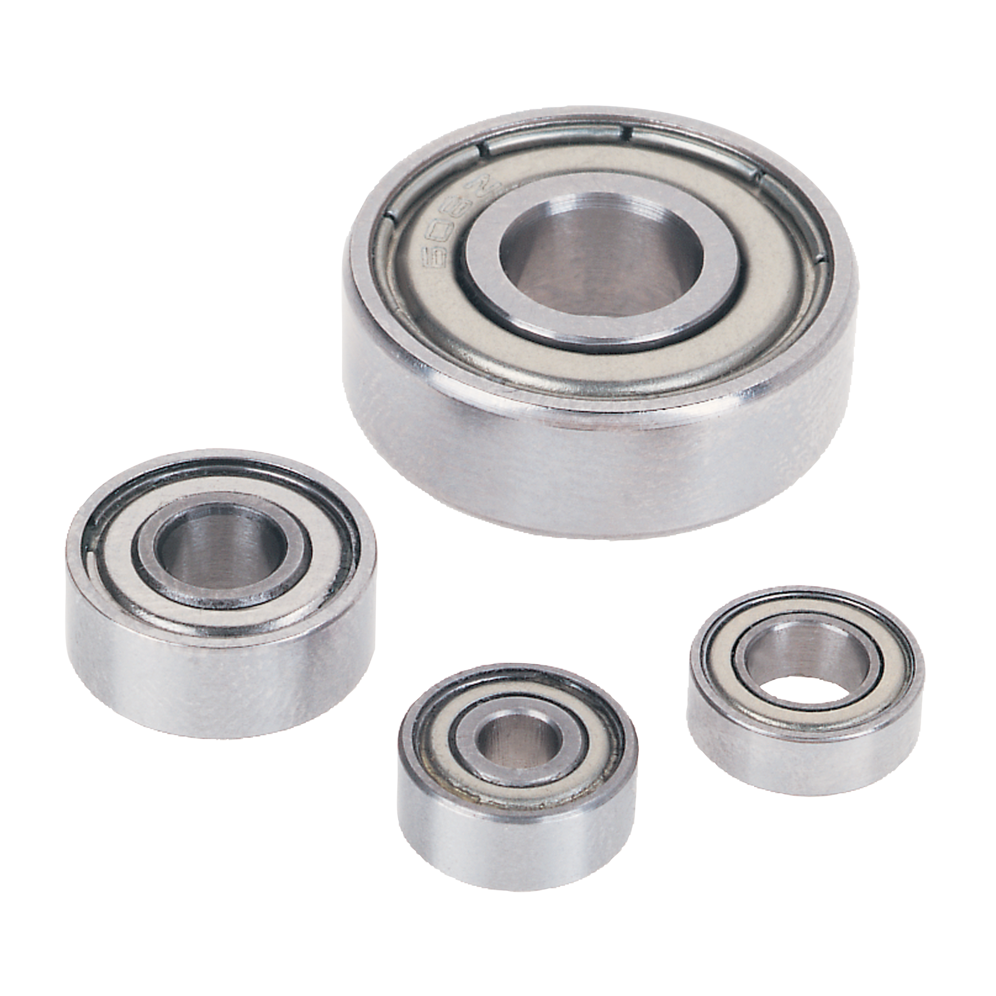 Five stainless steel ball bearings in graduated sizes with metal shields and rubber seals.