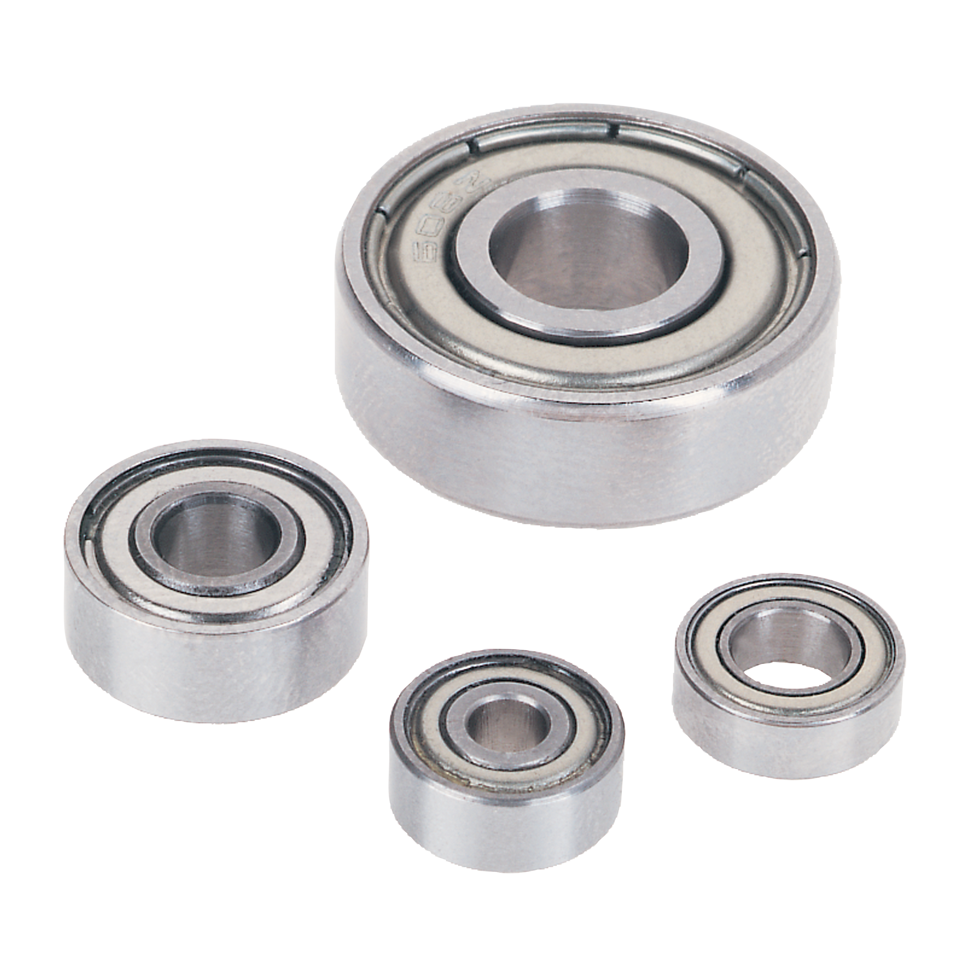 Five stainless steel ball bearings in graduated sizes with metal shields and rubber seals.