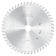 Circular saw blade with carbide-tipped teeth around the perimeter, center hole, and Freud branding on silvery metal surface.