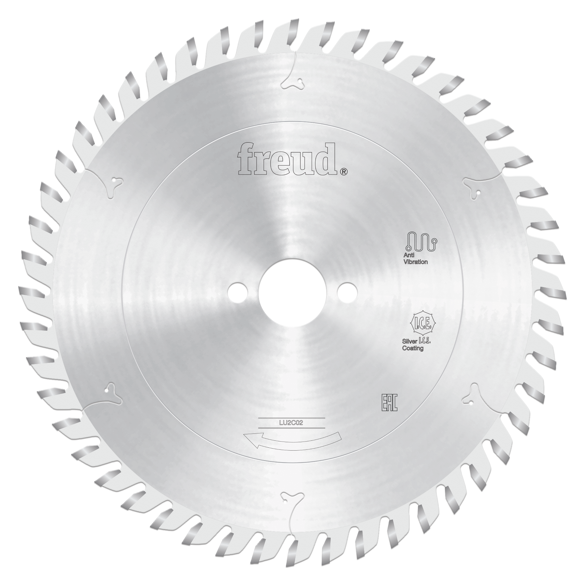 Circular saw blade with carbide-tipped teeth around the perimeter, center hole, and Freud branding on silvery metal surface.