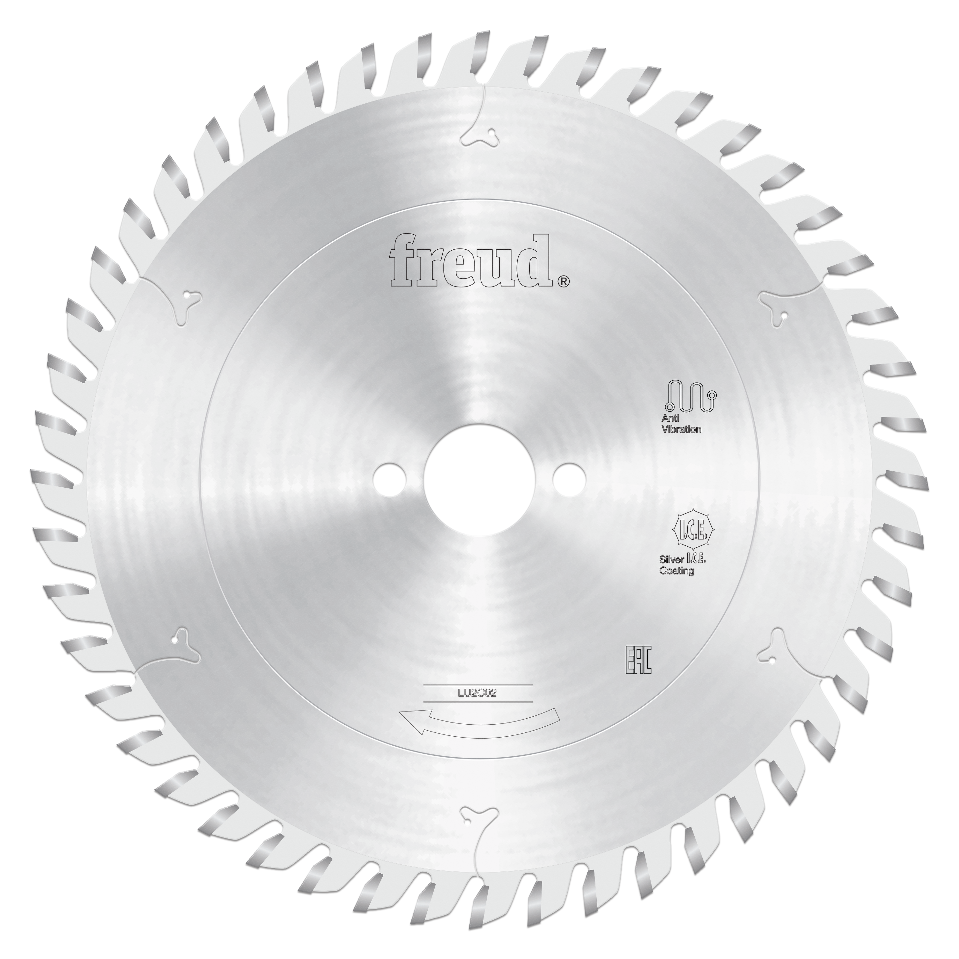 Circular saw blade with carbide-tipped teeth around the perimeter, center hole, and Freud branding on silvery metal surface.