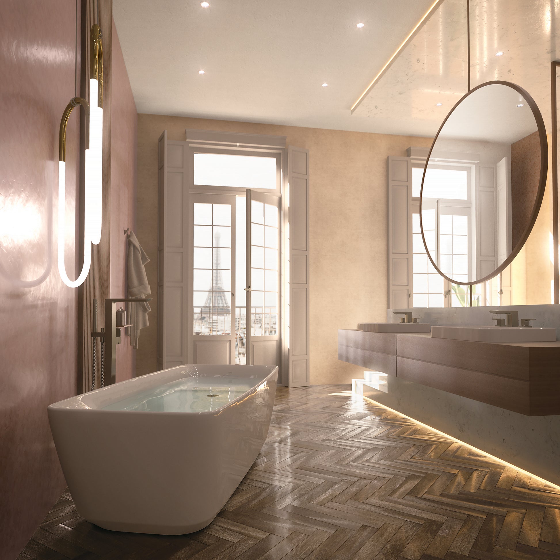 White freestanding soaker bathtub with curved sides in modern bathroom with herringbone flooring.
