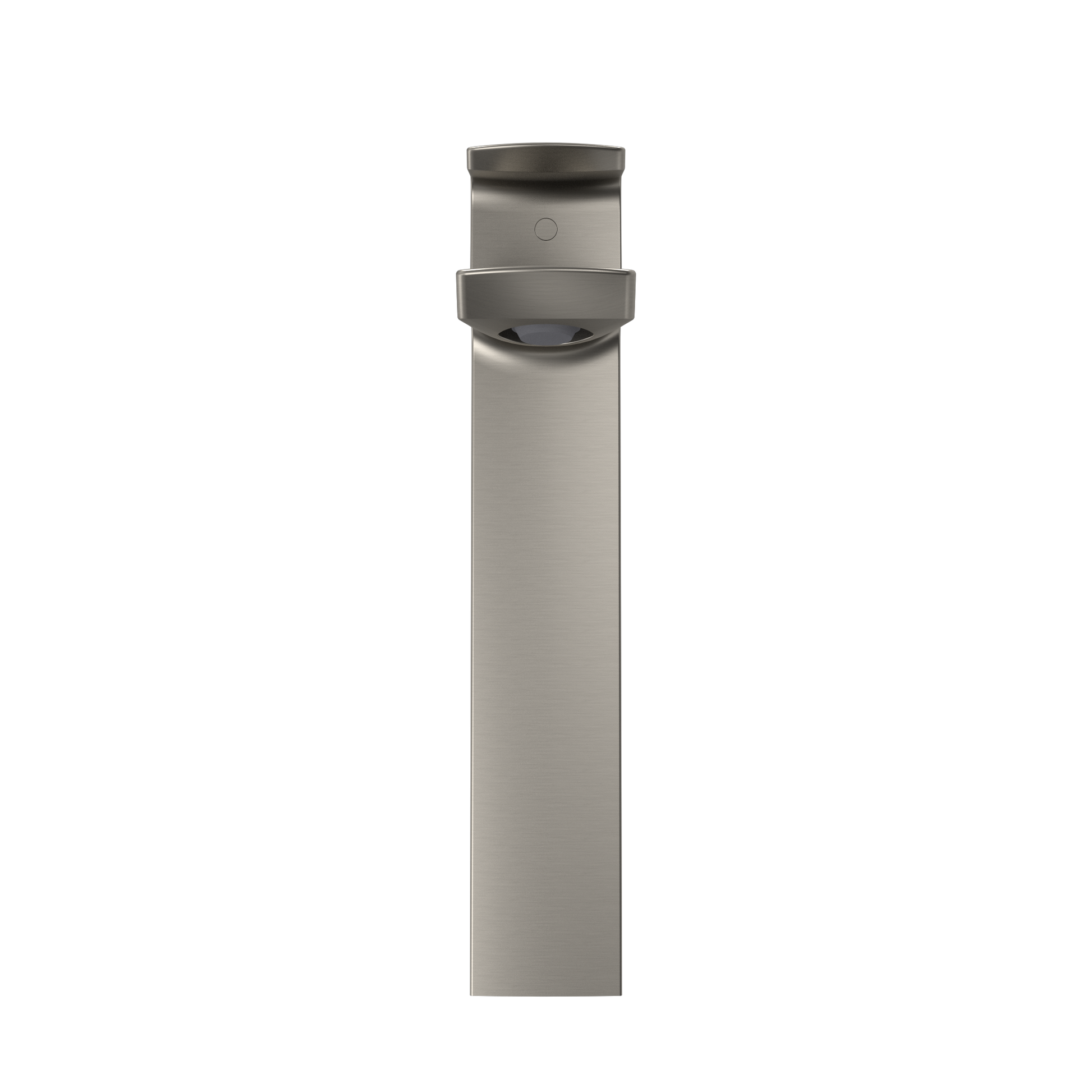 Tall brushed nickel single-handle vessel faucet with cylindrical spout and control band near top.