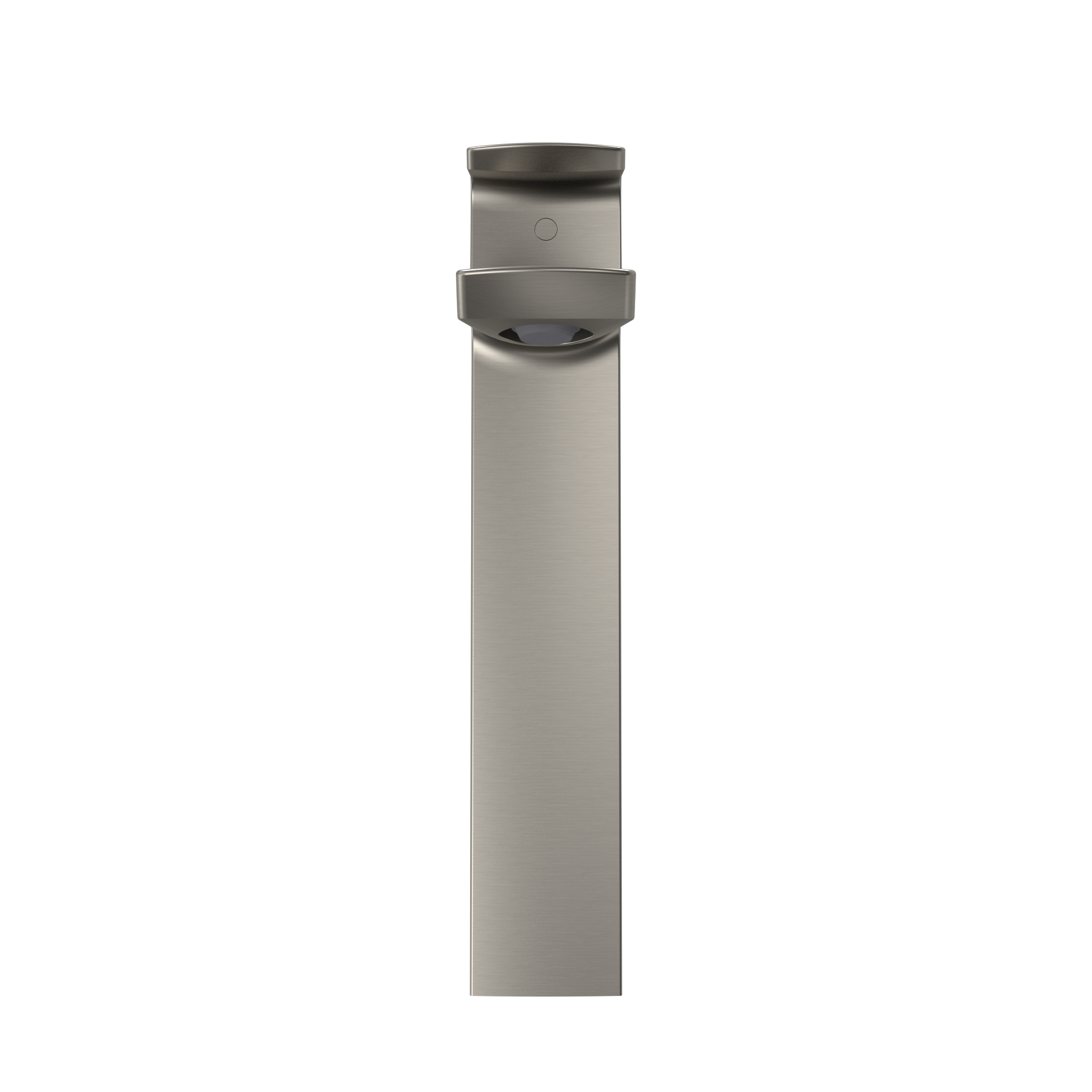 Tall brushed nickel single-handle vessel faucet with cylindrical spout and control band near top.