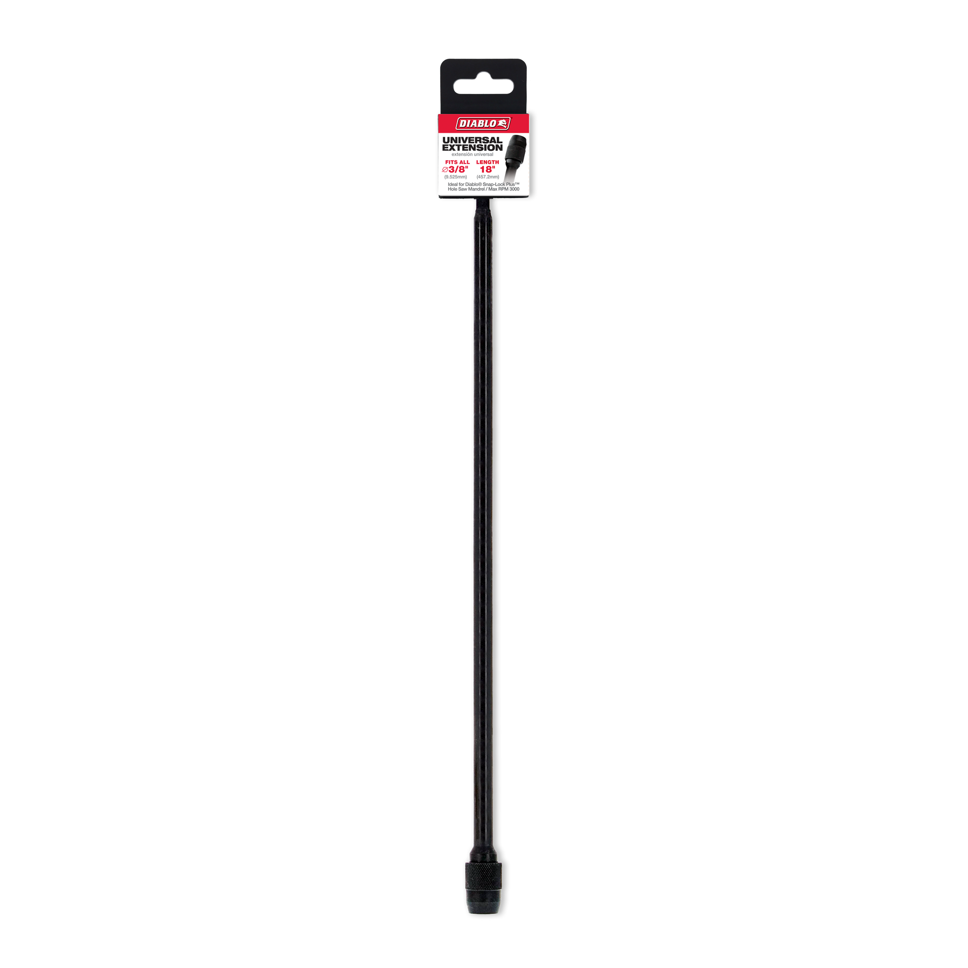 Black cylindrical extension shaft with universal connector, labeled Diablo, displayed with packaging tag at top.
