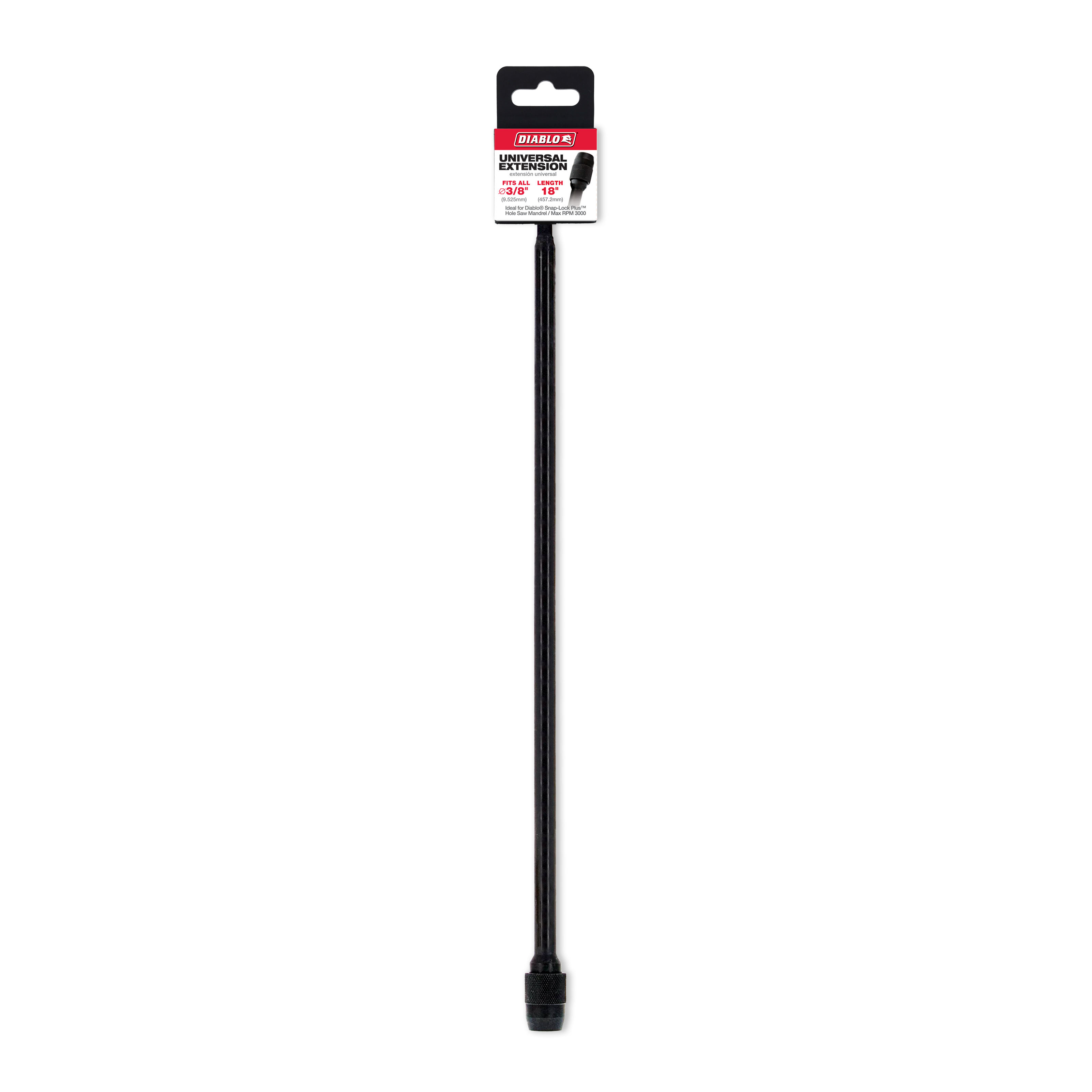 Black cylindrical extension shaft with universal connector, labeled Diablo, displayed with packaging tag at top.