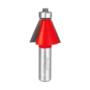 Freud chamfer bit with red cone-shaped cutting head and silver metallic shank marked with model number.