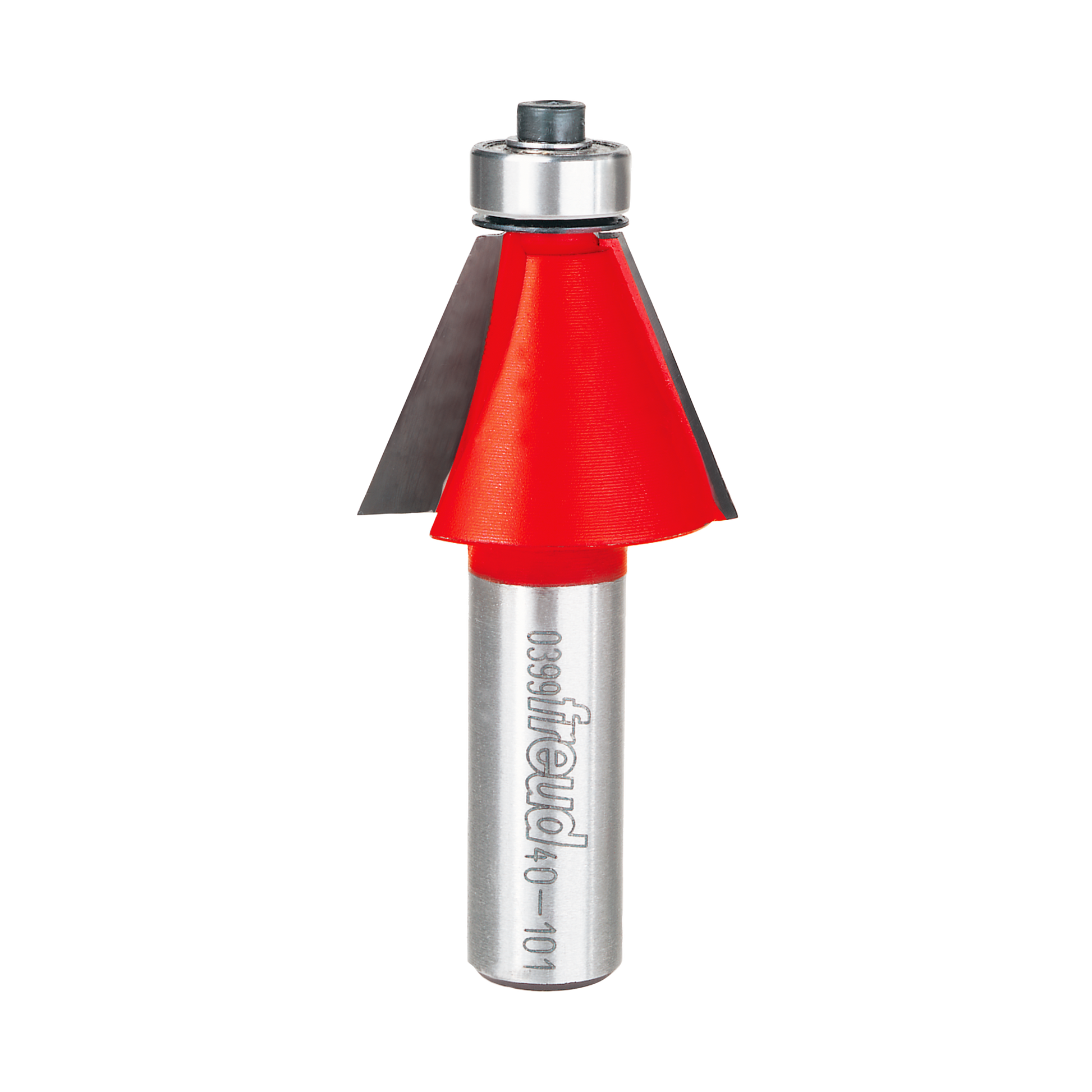 Freud chamfer bit with red cone-shaped cutting head and silver metallic shank marked with model number.