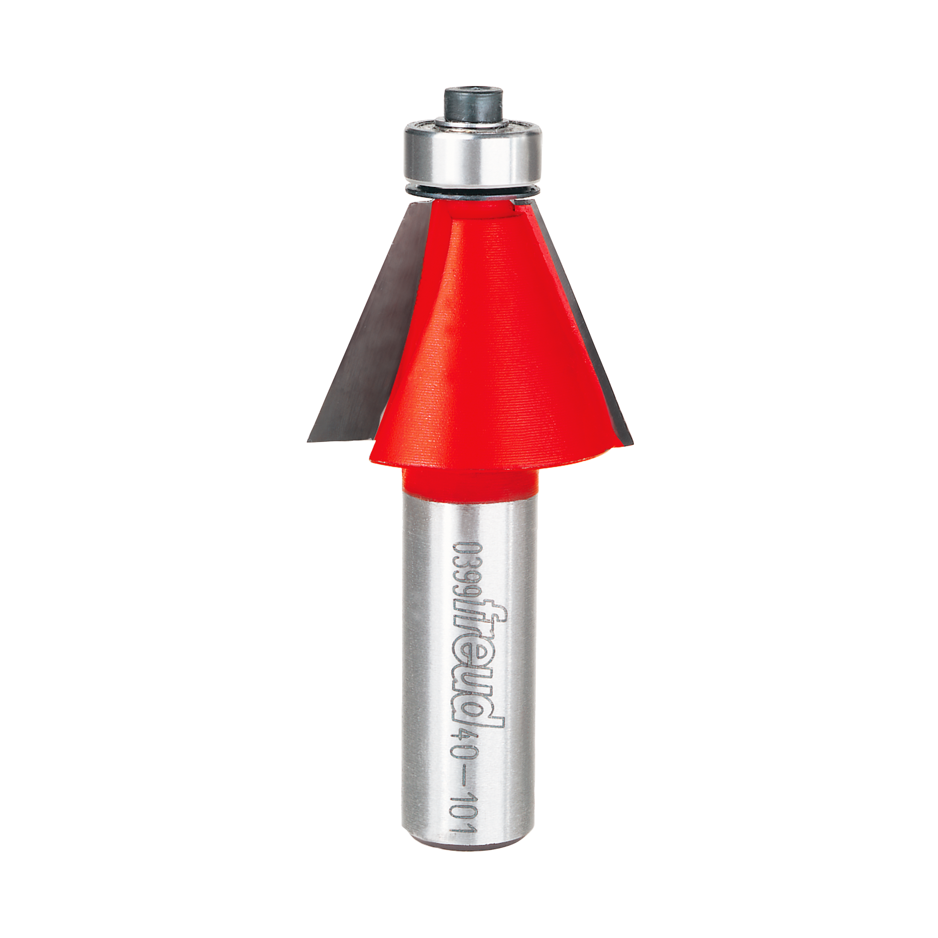 Freud chamfer bit with red cone-shaped cutting head and silver metallic shank marked with model number.