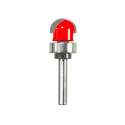 Freud round nose router bit with red cutting head, metal band, and cylindrical shank.