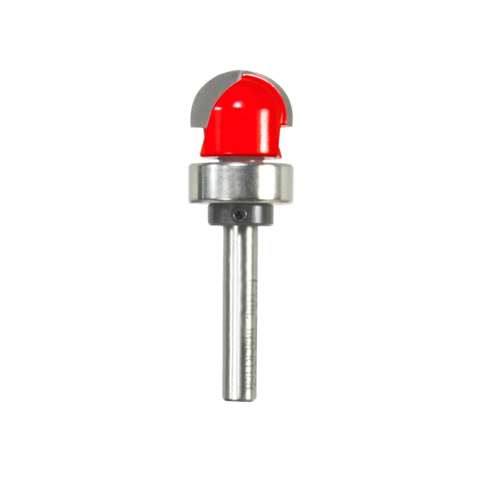 Freud round nose router bit with red cutting head, metal band, and cylindrical shank.