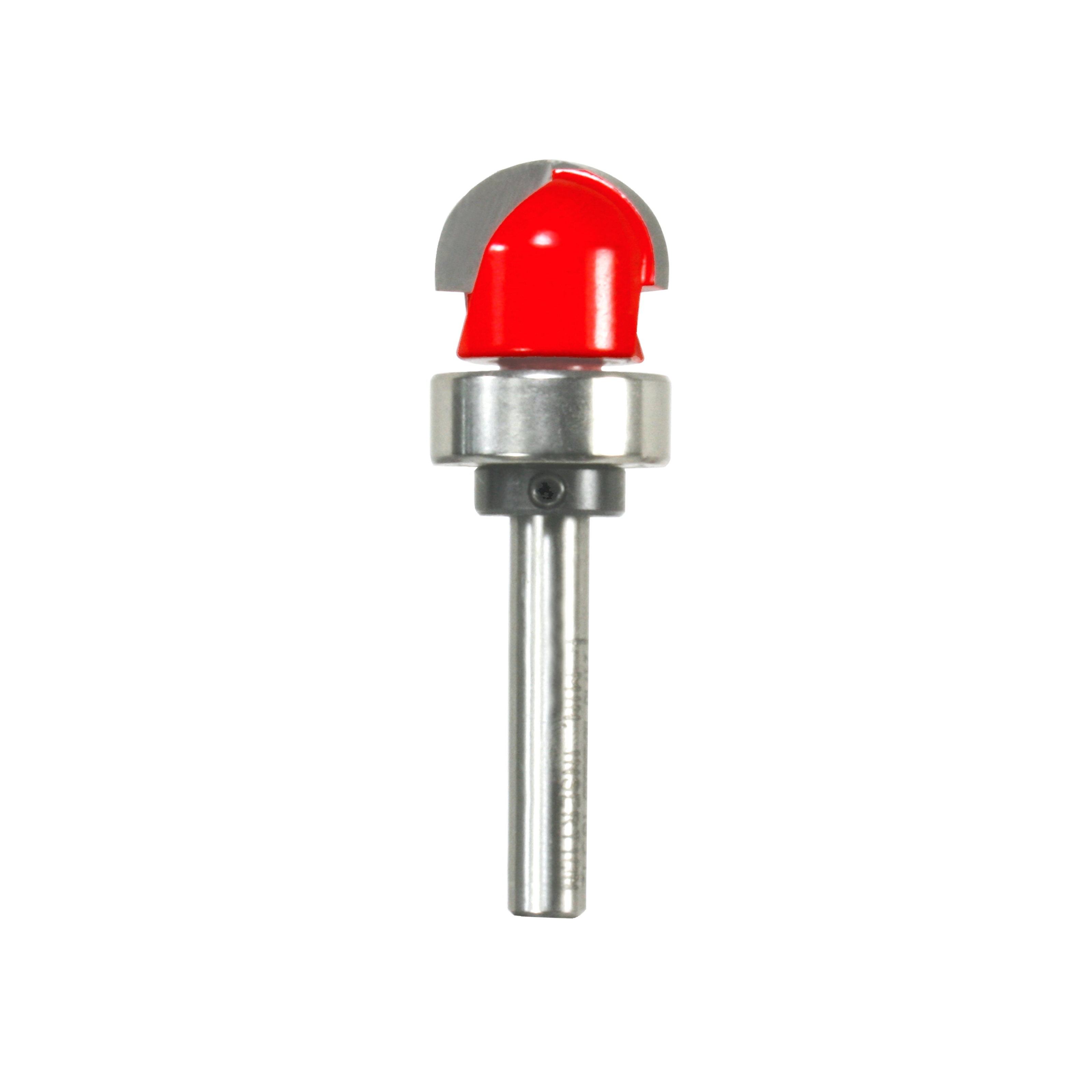 Freud round nose router bit with red cutting head, metal band, and cylindrical shank.