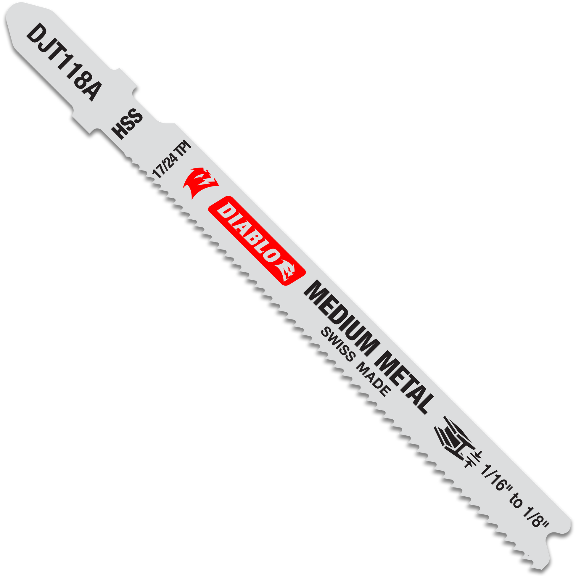 Five Diablo T-shank jig saw blades with high speed steel construction and fine teeth for medium metal cutting.