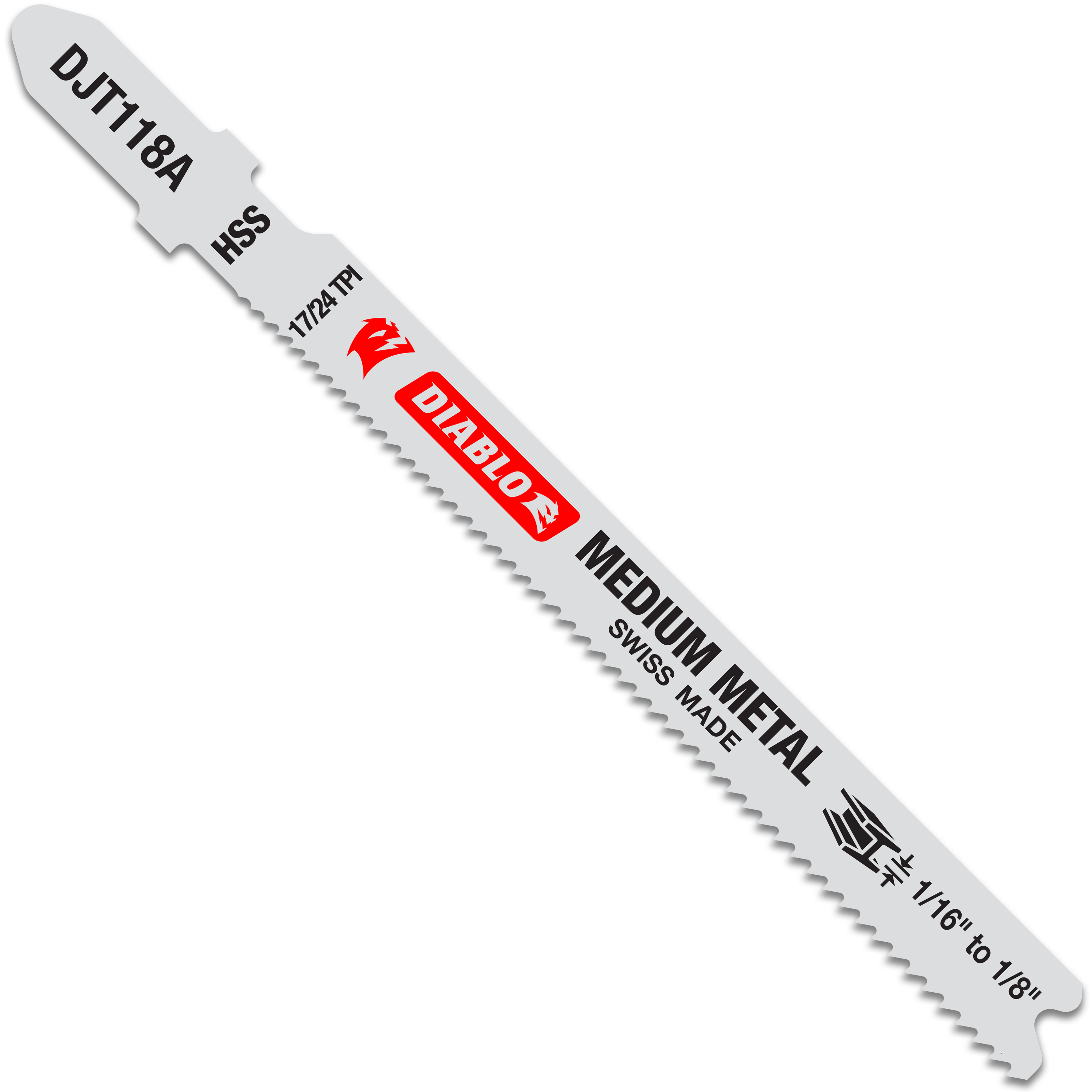 Five Diablo T-shank jig saw blades with high speed steel construction and fine teeth for medium metal cutting.