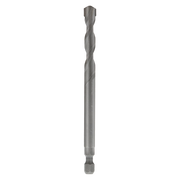 Gray spiral drill bit with pointed tip and hexagonal shank against white background.