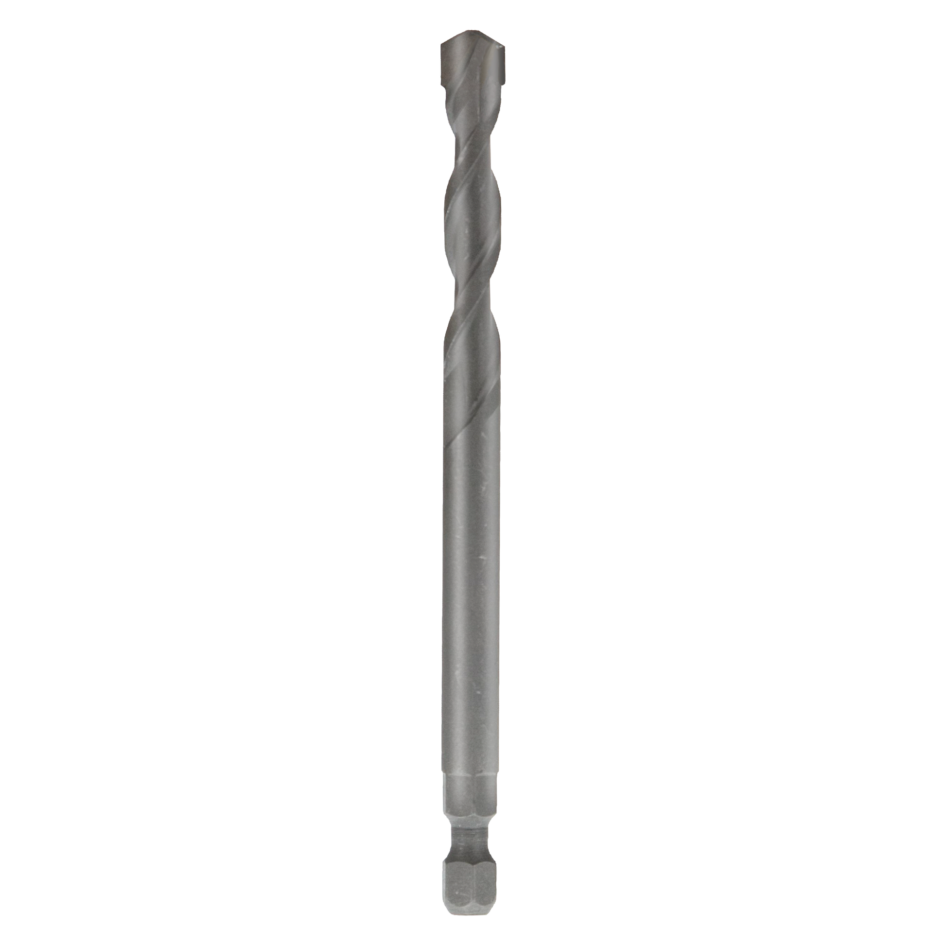Gray spiral drill bit with pointed tip and hexagonal shank against white background.