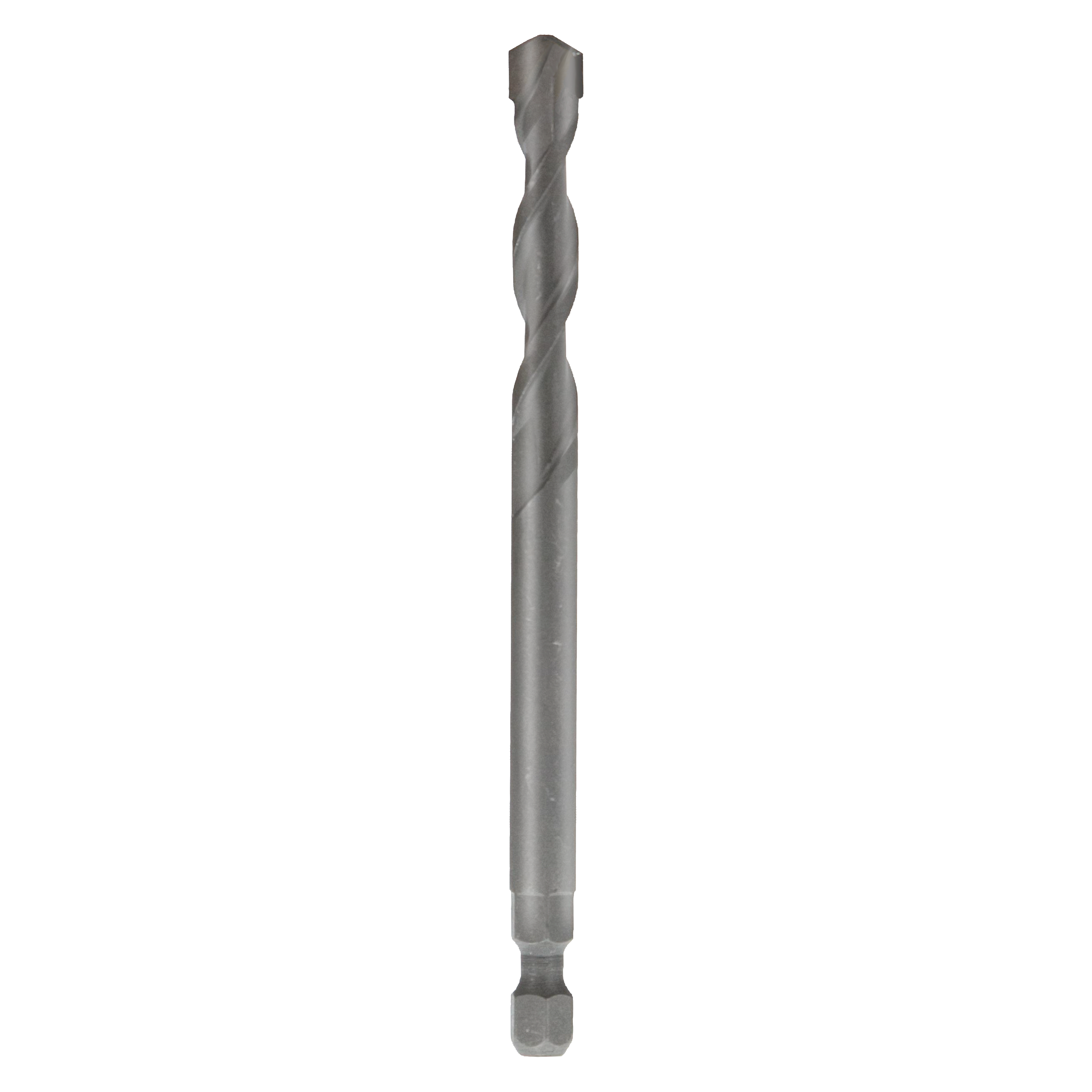 Gray spiral drill bit with pointed tip and hexagonal shank against white background.
