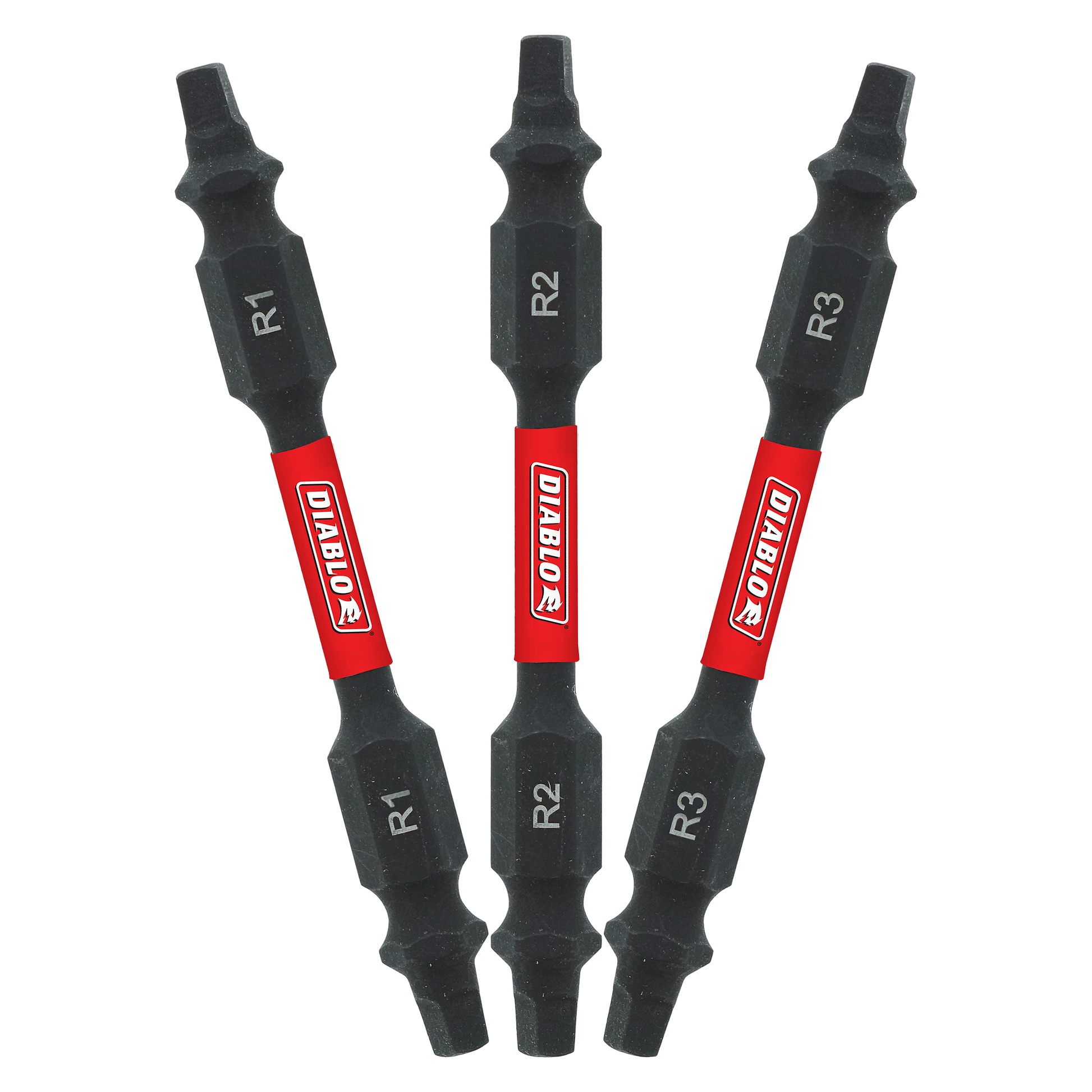 Three black double-ended square drive bits with red Diablo bands, labeled R1, R2, and R3.