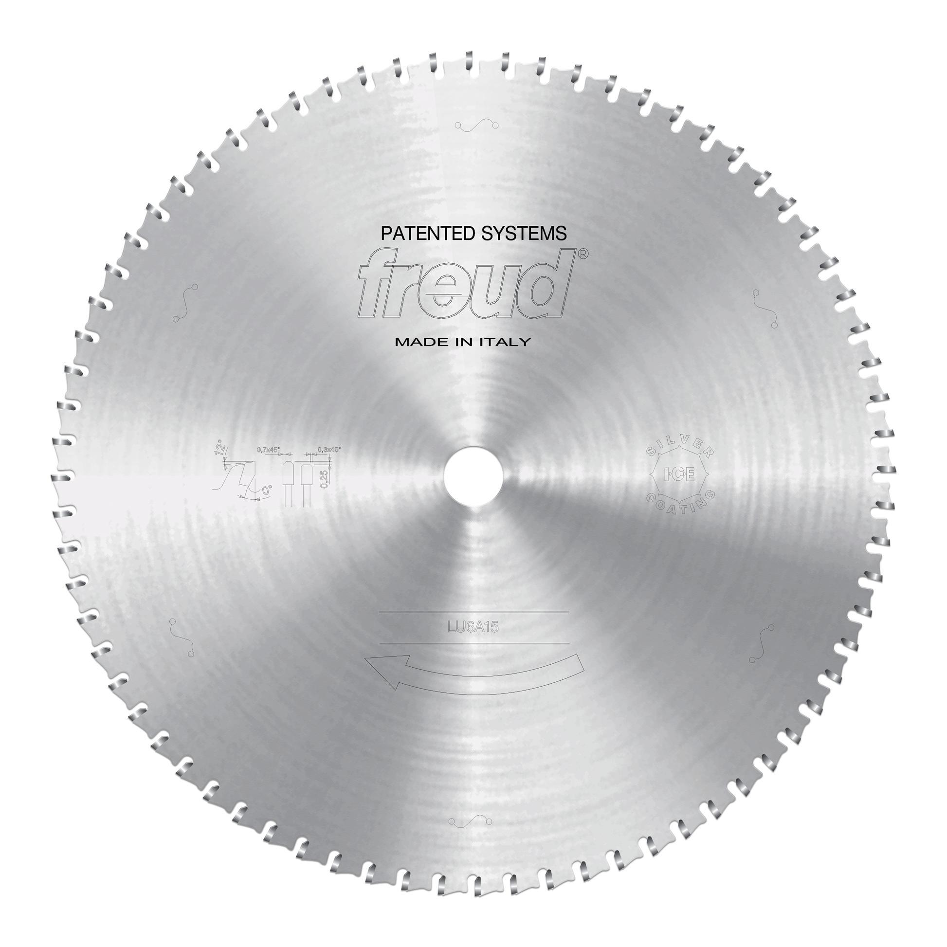Circular sawblade with silver metallic finish, center arbor hole, and evenly spaced cutting teeth around perimeter.