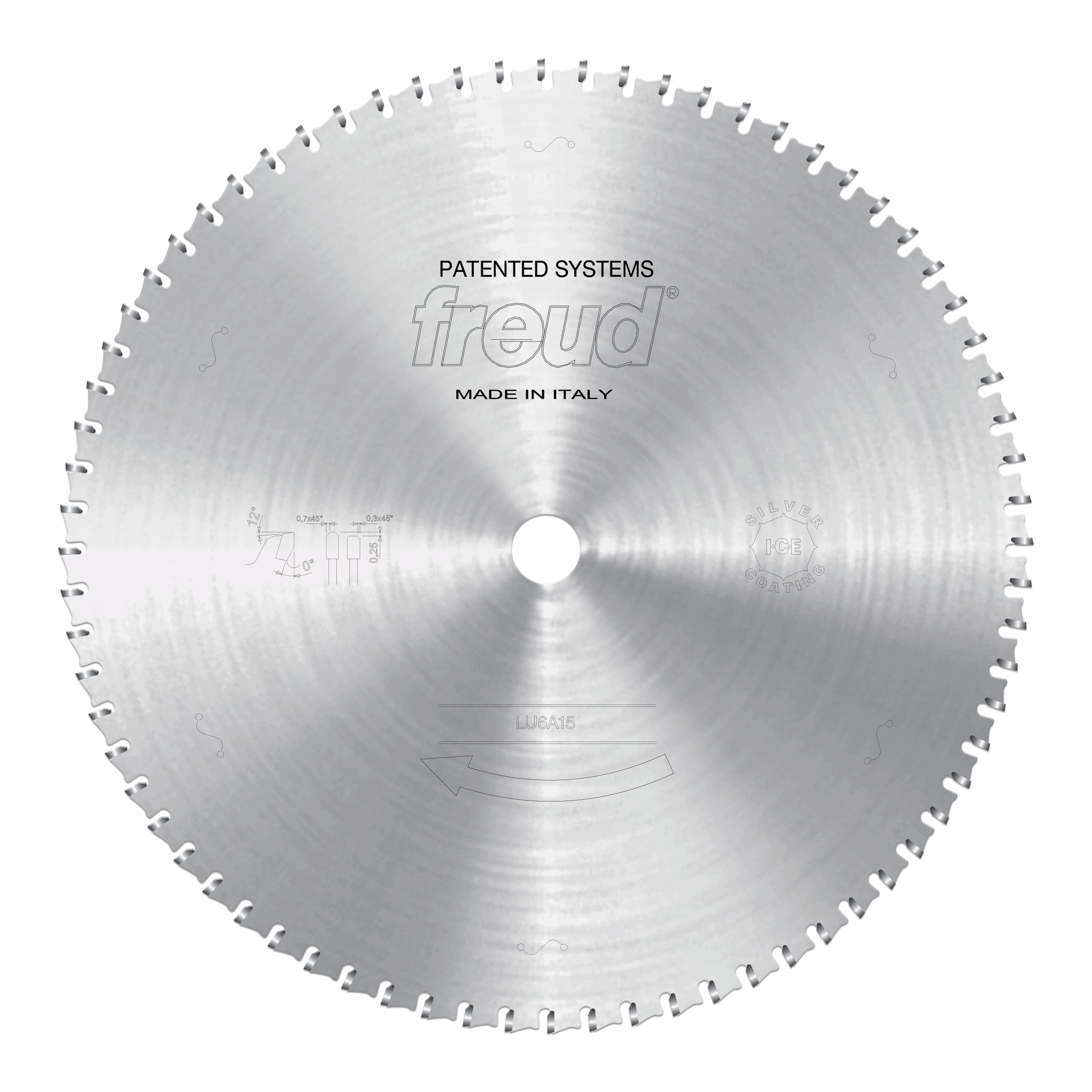 Circular sawblade with silver metallic finish, center arbor hole, and evenly spaced cutting teeth around perimeter.